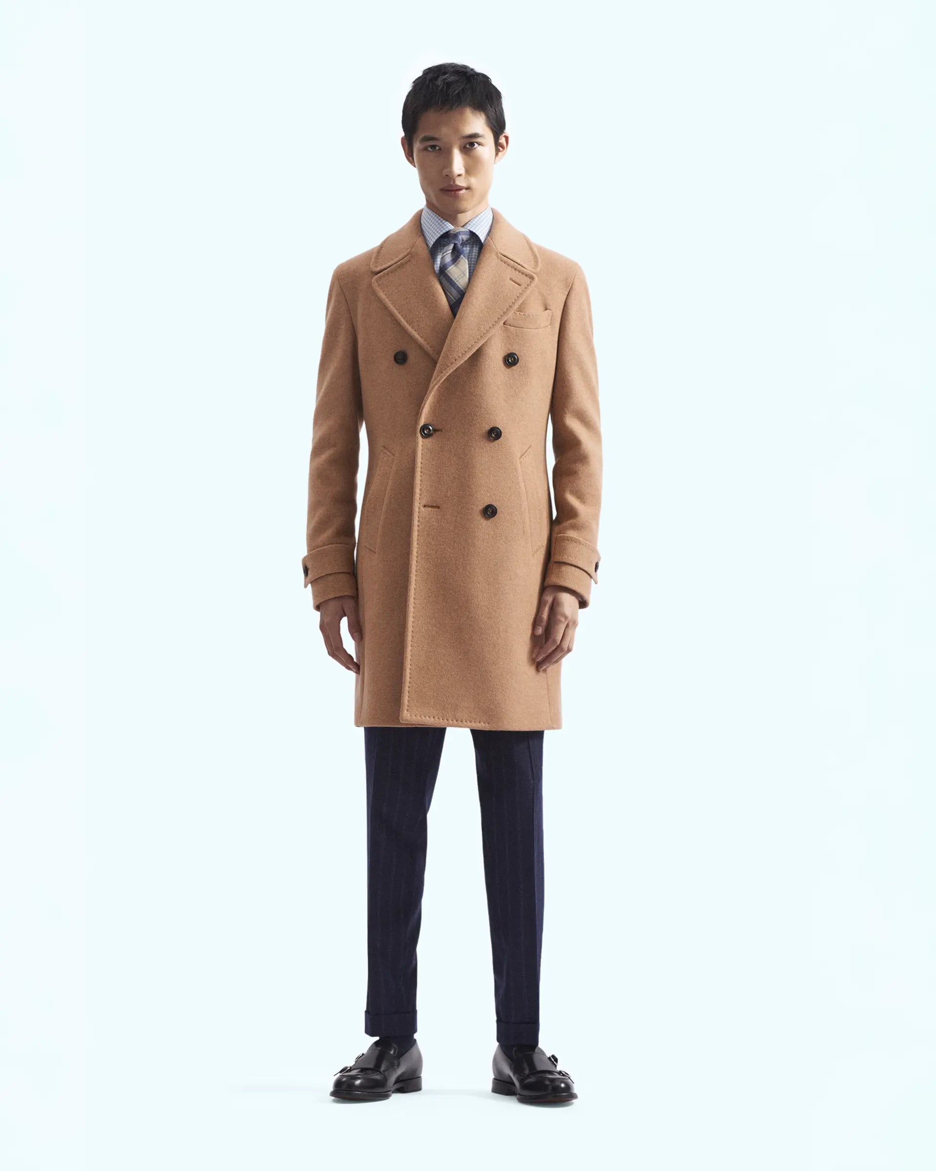 Camel double-breasted coat in wool-blend jersey