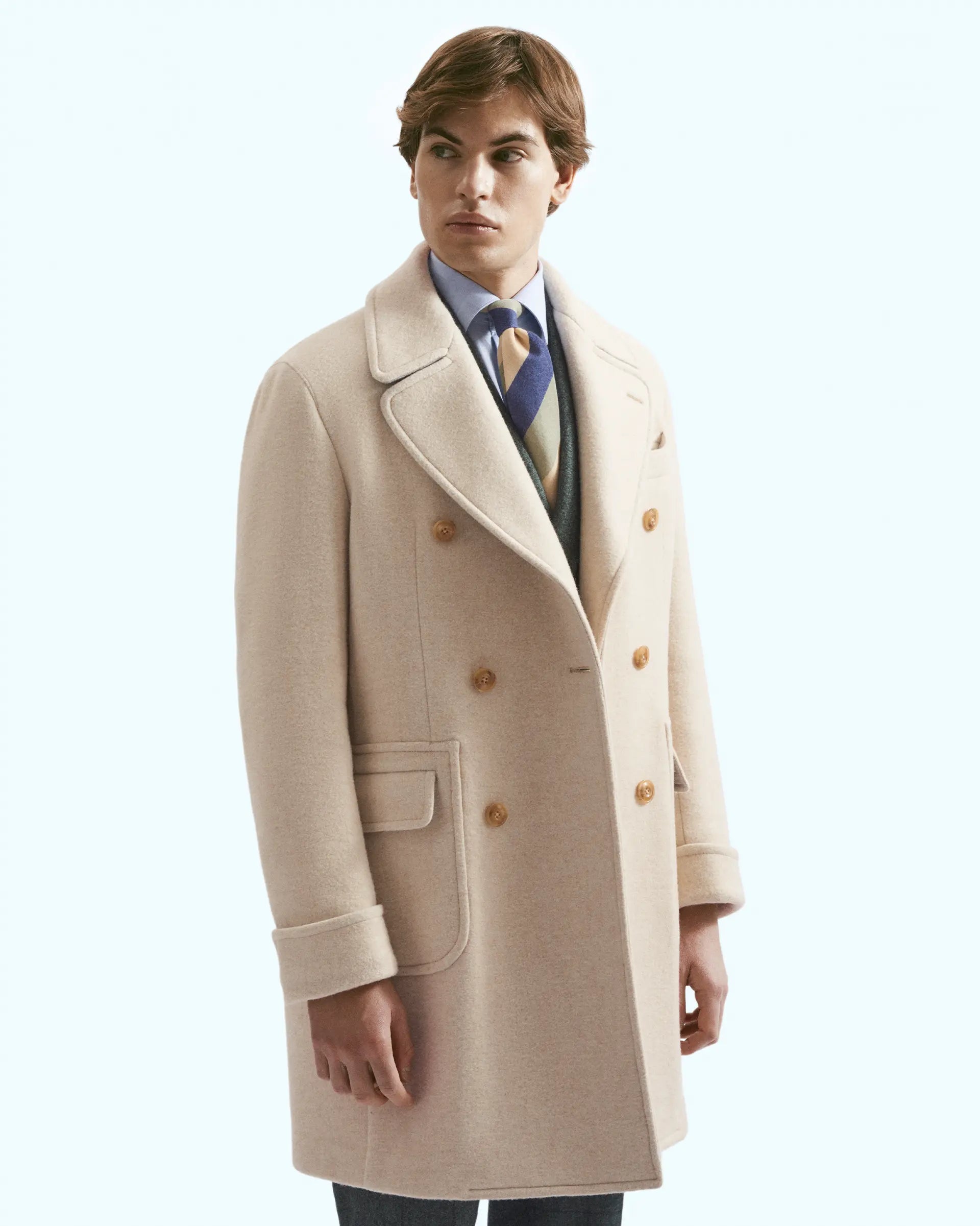 Cream double breasted coat in untreated wool blend jersey Eredipisano Italia