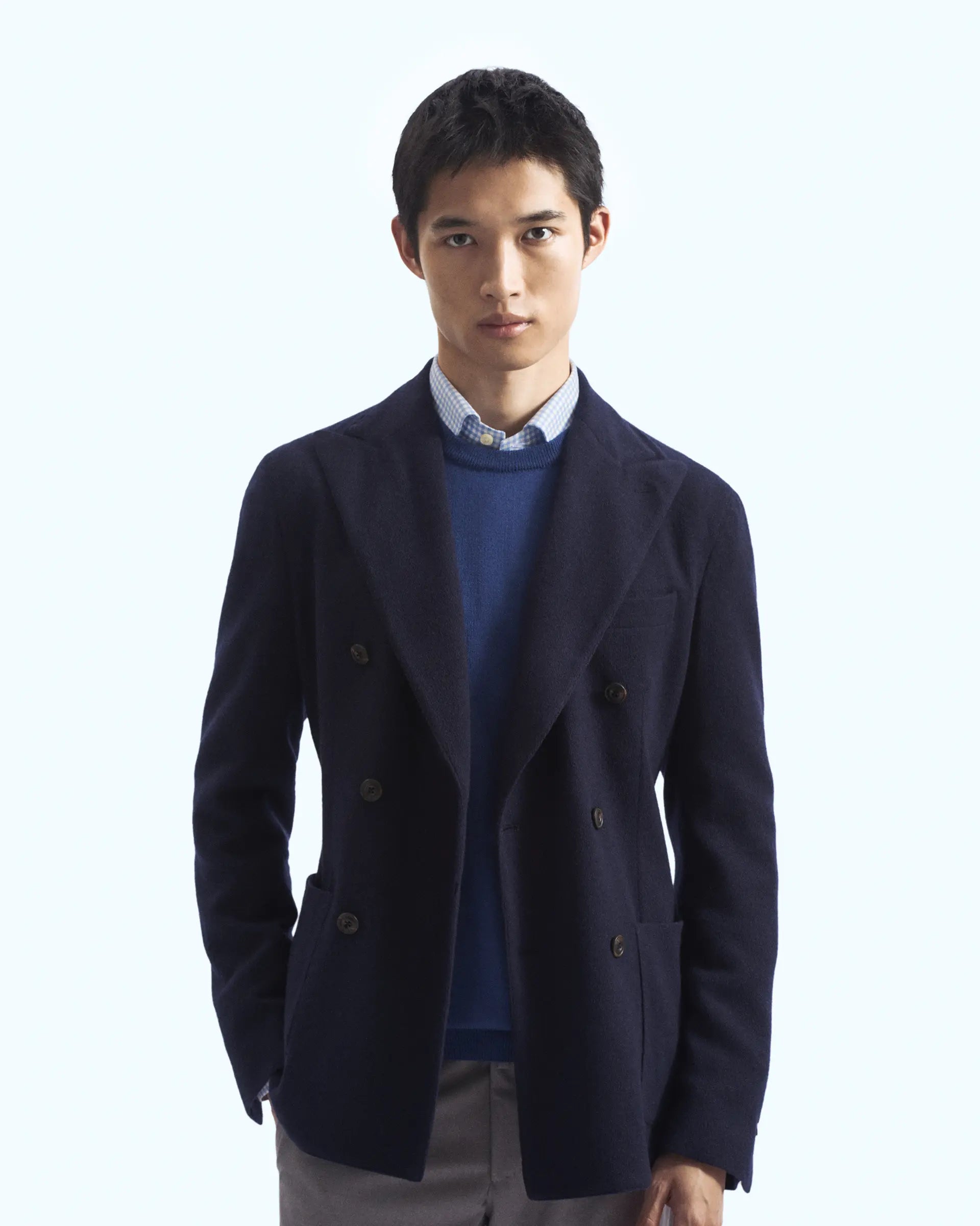 Blue double-breasted jacket in cashmere blend with knitted effect