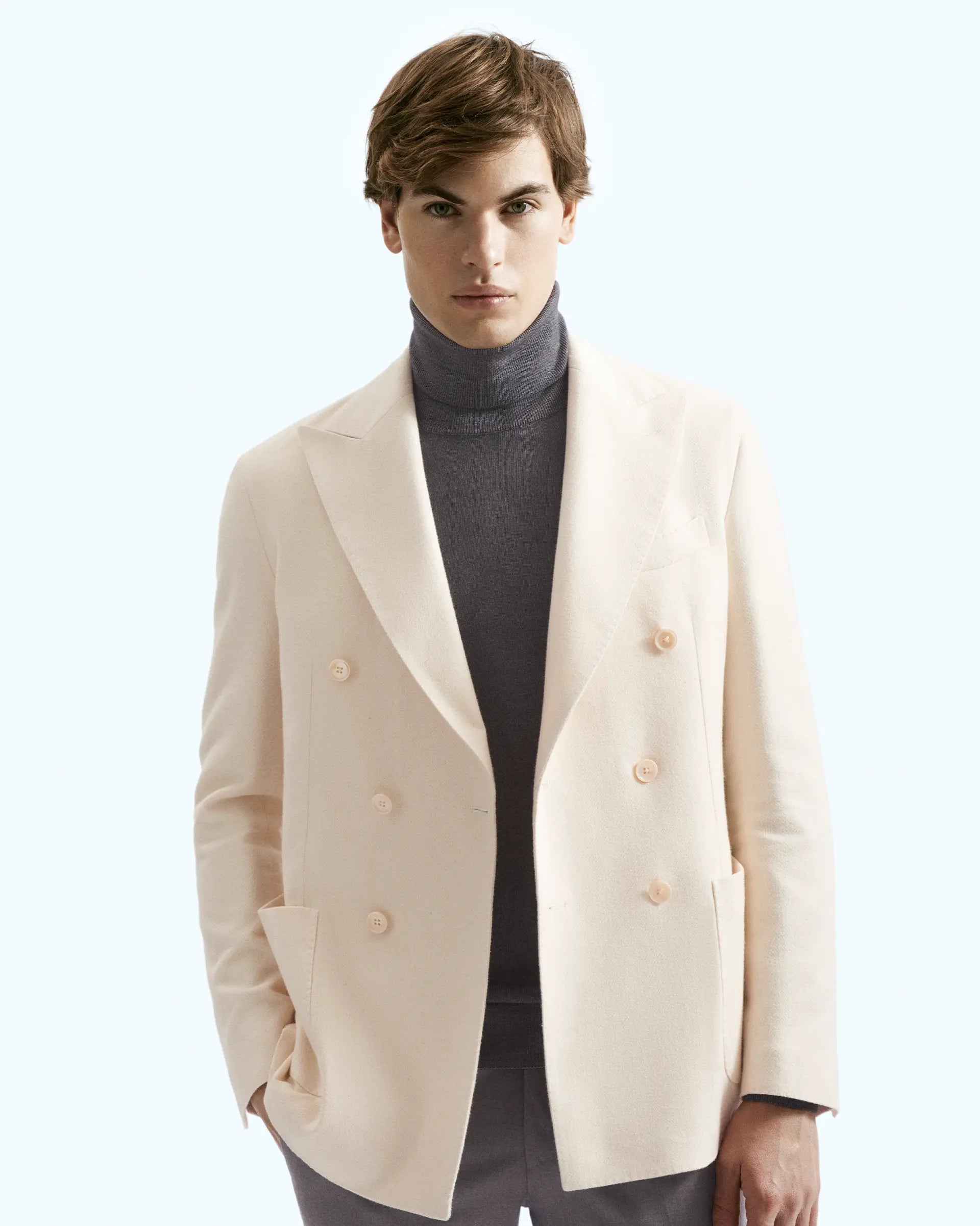 Cream double-breasted jacket with micro herringbone pattern in pure cotton