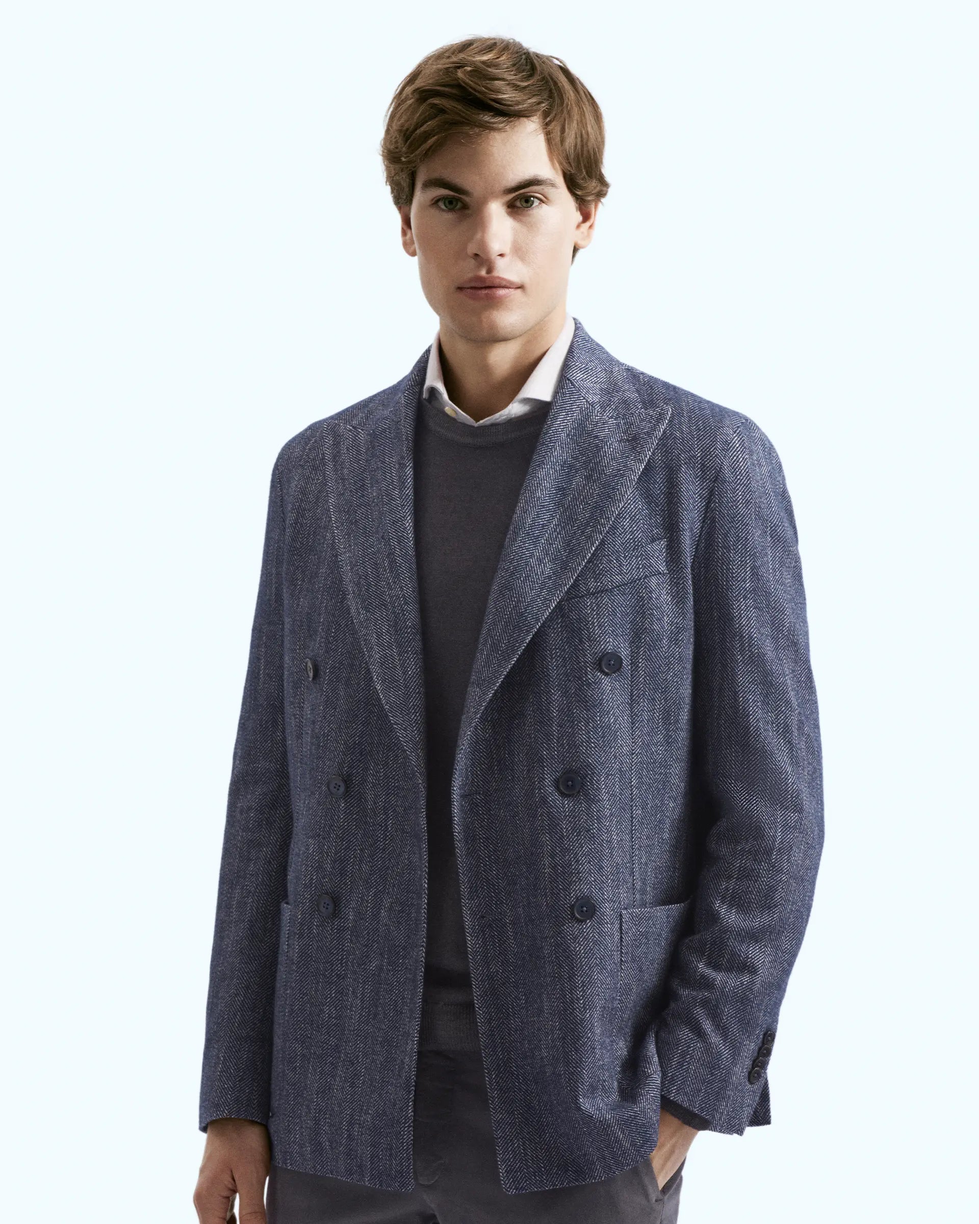 Blue double-breasted jacket with micro herringbone pattern in pure cotton