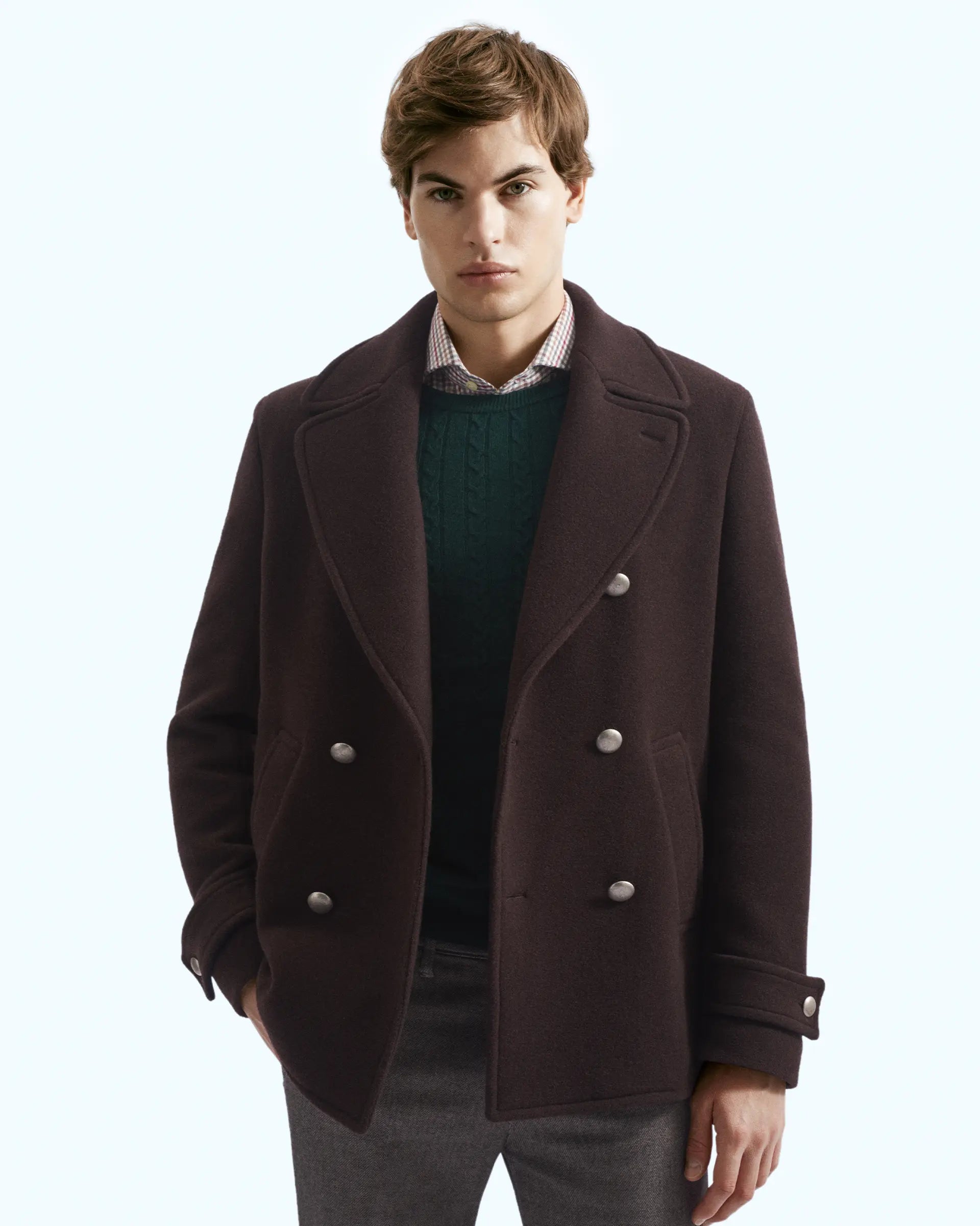 Peacoat doppiopetto marrone in misto lana