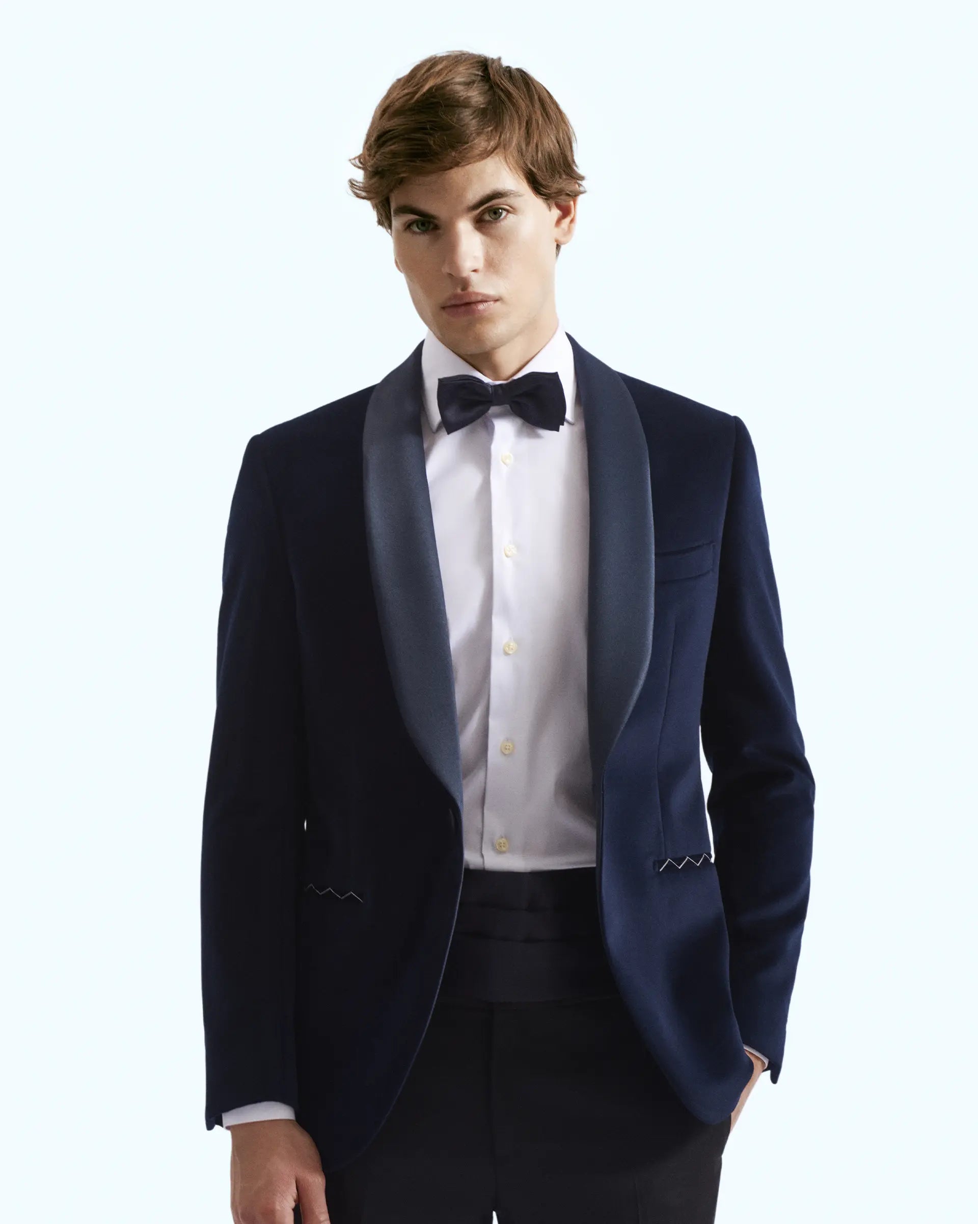 Blue tuxedo jacket in smooth cotton velvet