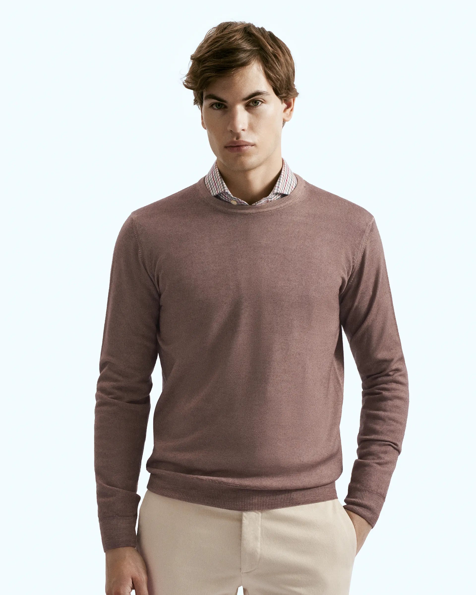 Brown crewneck in pure extrafine merino wool