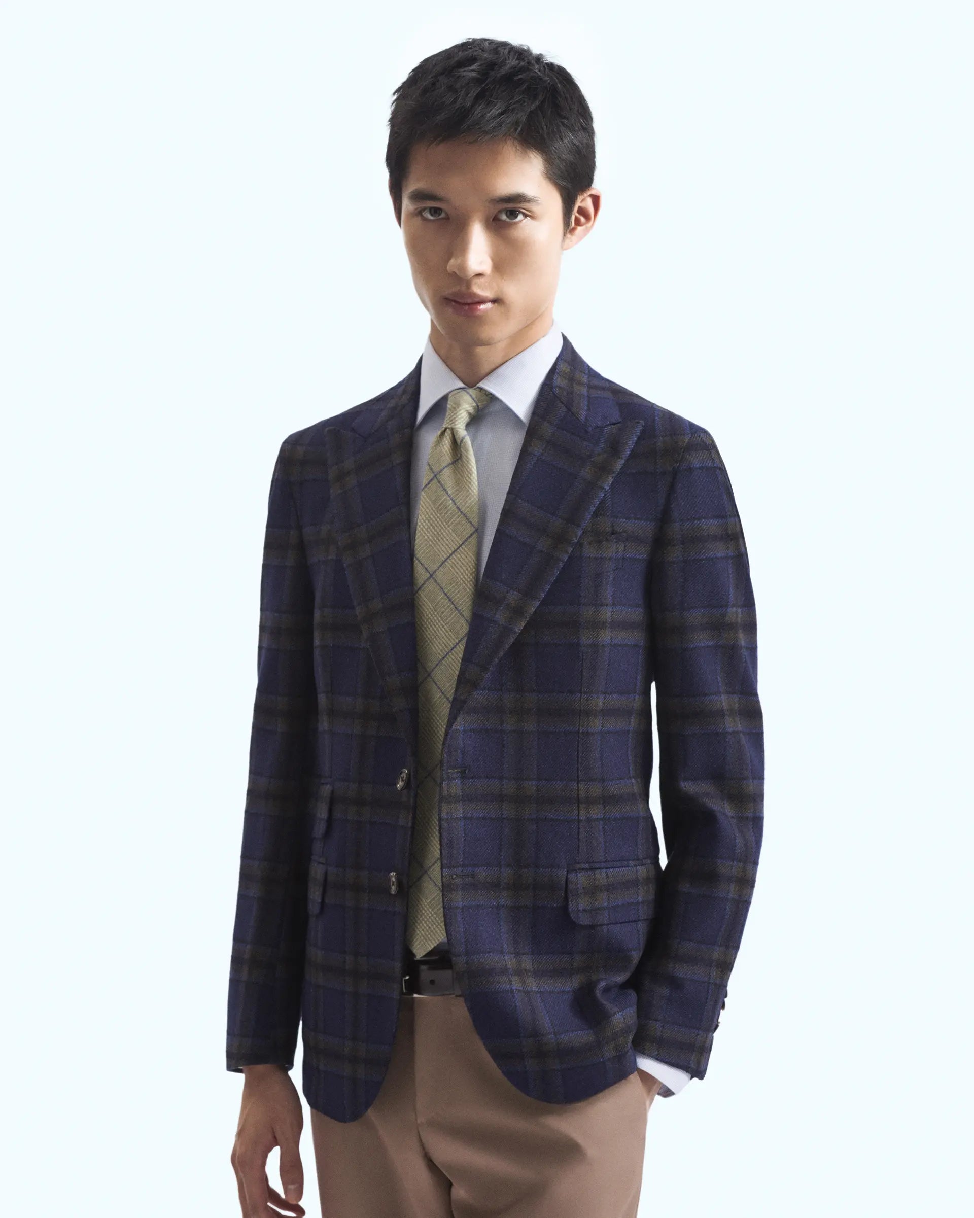 Blue madras jacket in natural stretch wool Zignone “E - Motion” fabric