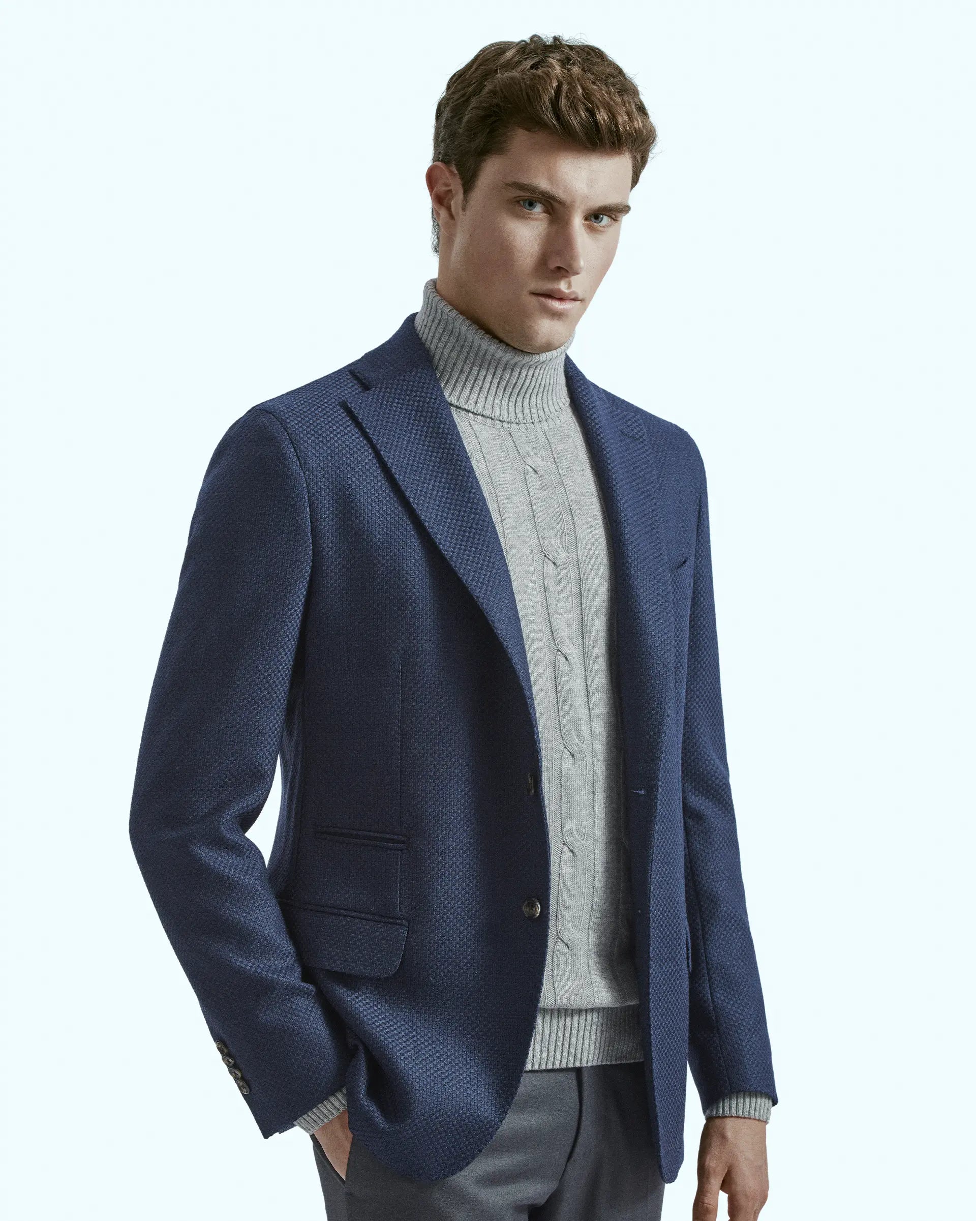 Blue jacket in Reda Flexo fabric with knitted effect texture