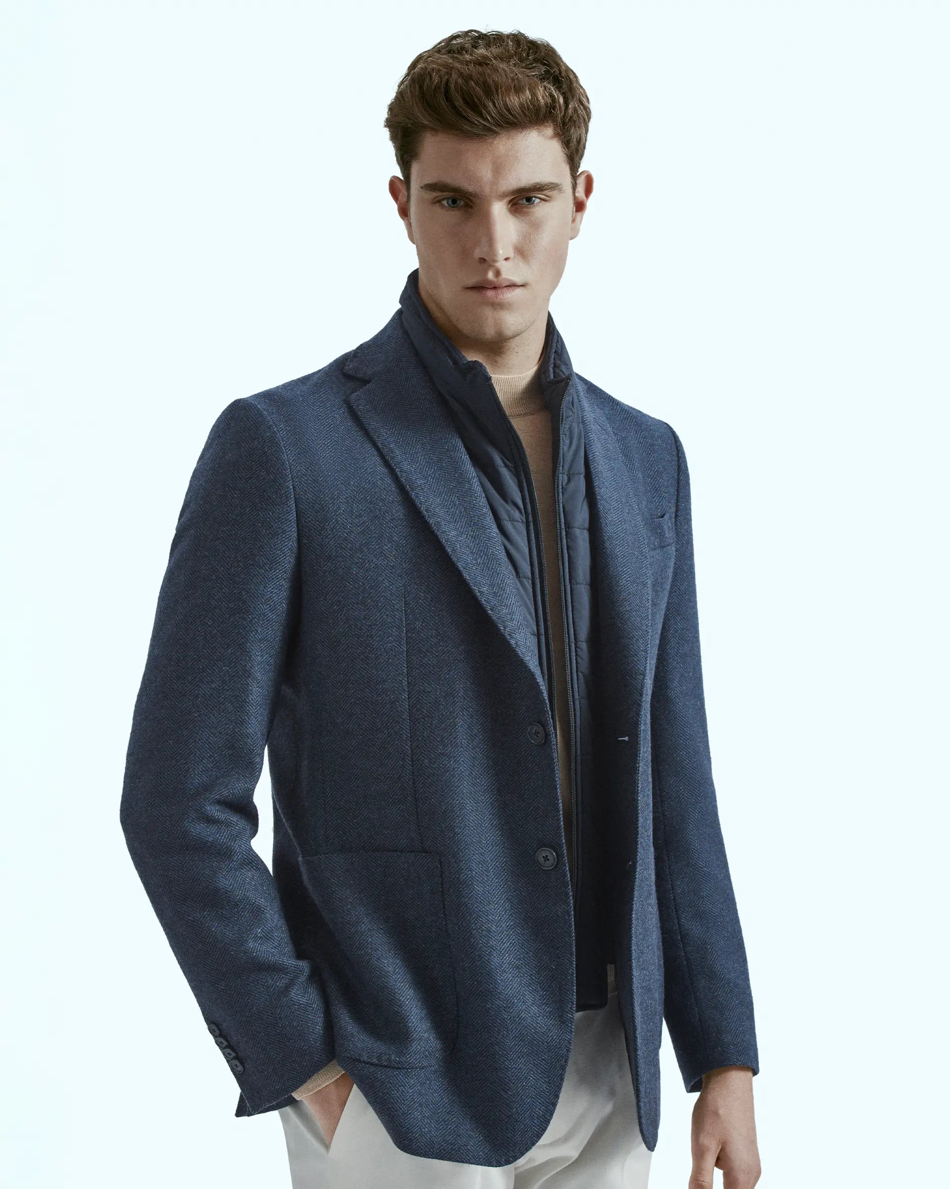 Blue herringbone wool and cashmere jacket with detachable bib