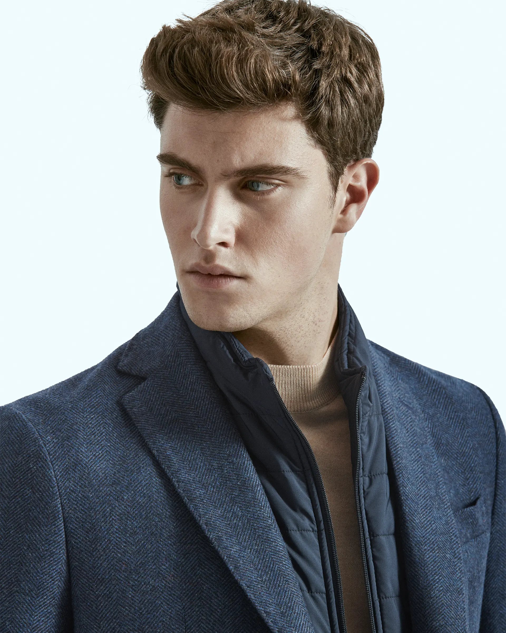 Blue herringbone wool and cashmere jacket with detachable bib