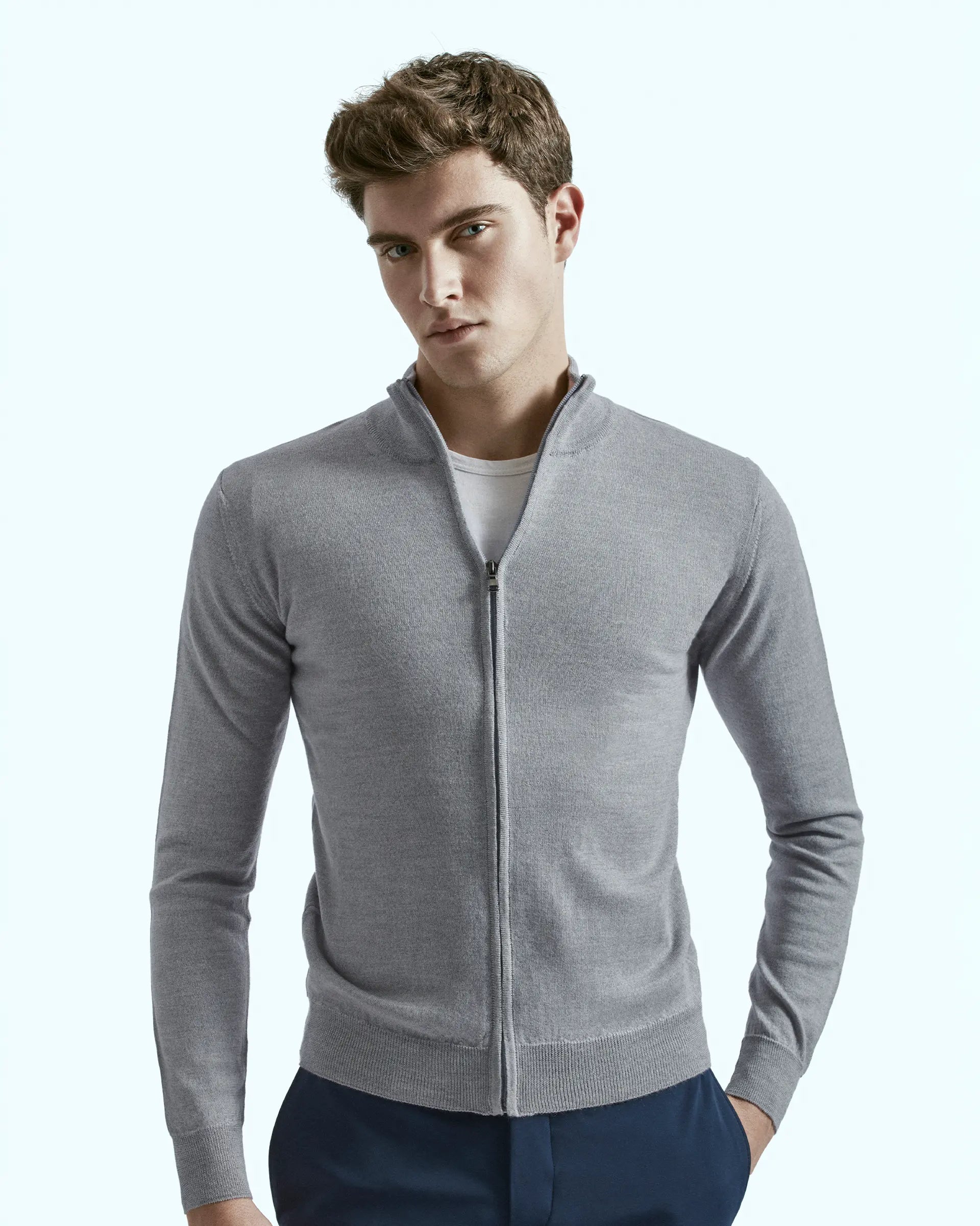 Full Zip Grigio in pura lana merinos extrafine Harmony