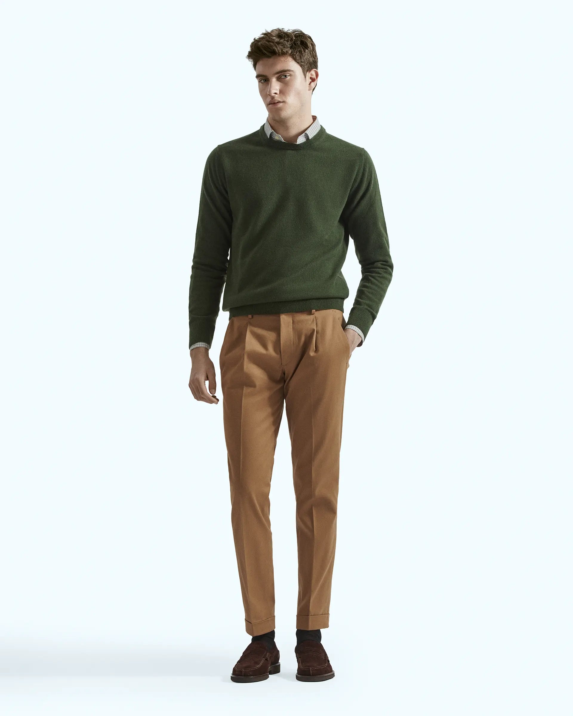 Brown stretch gabardine trousers with pleats and side button placket