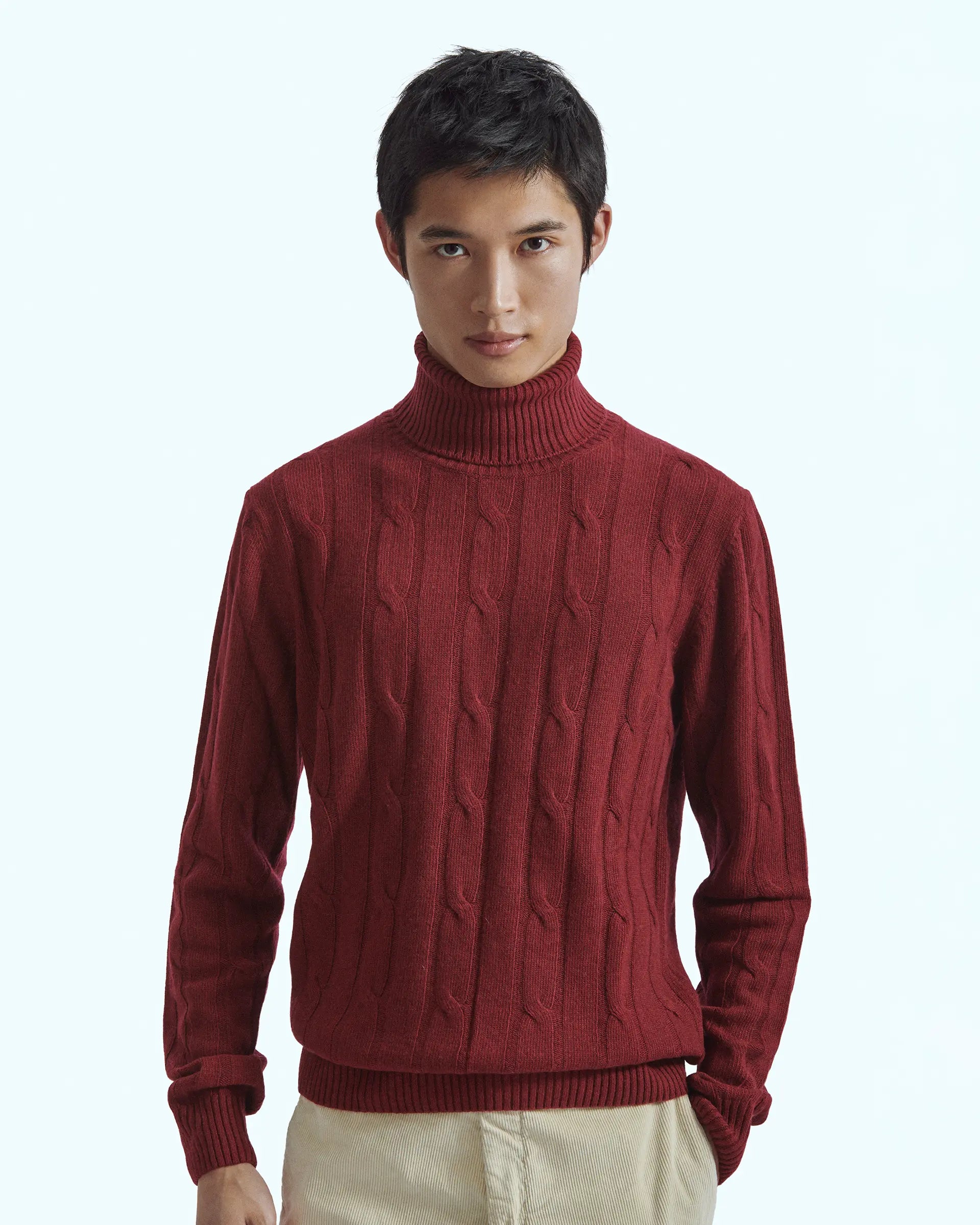 Burgundy turtleneck in cashmere blend with cable knit