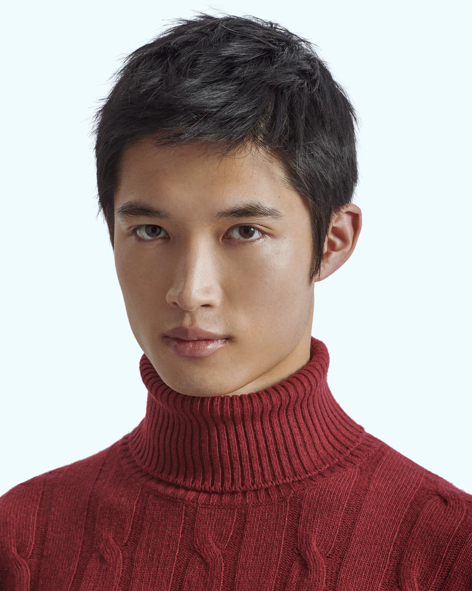 Burgundy turtleneck in cashmere blend with cable knit