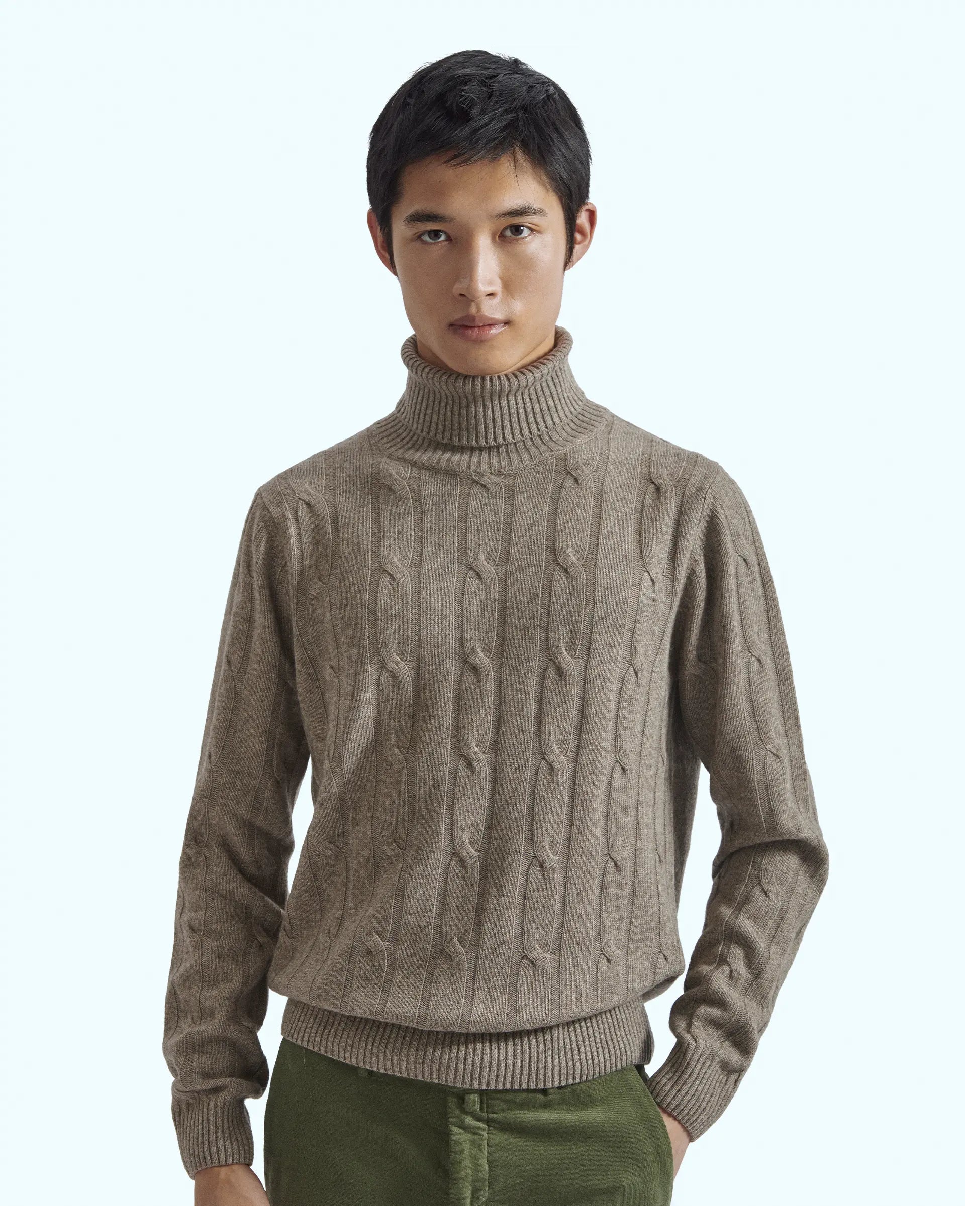 Beige turtleneck in cashmere blend with cable knit