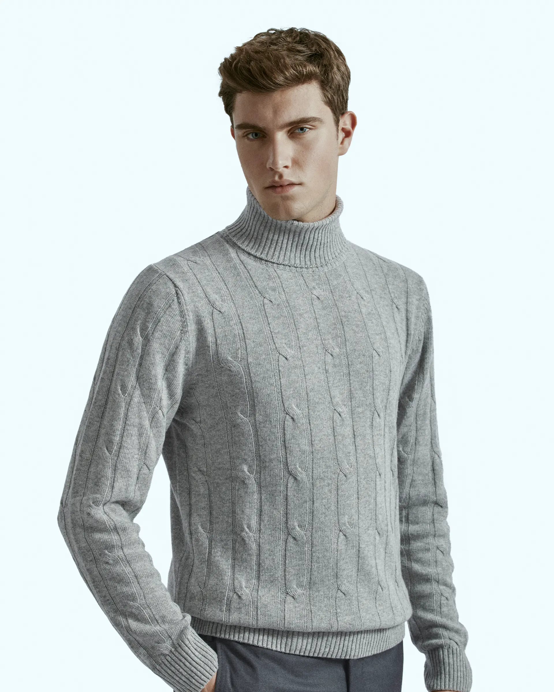 Gray turtleneck in cashmere blend with cable knit