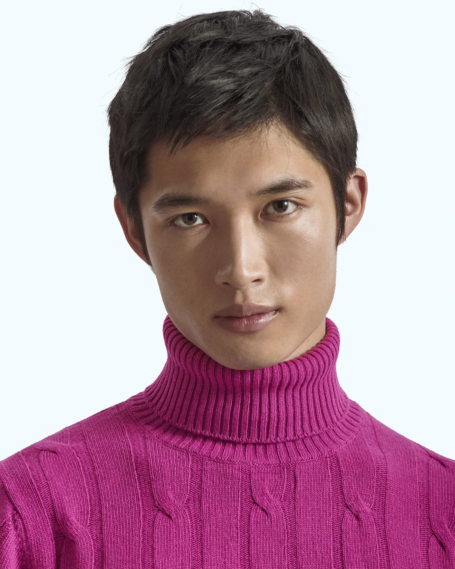 Purple turtleneck in cashmere blend with cable knit