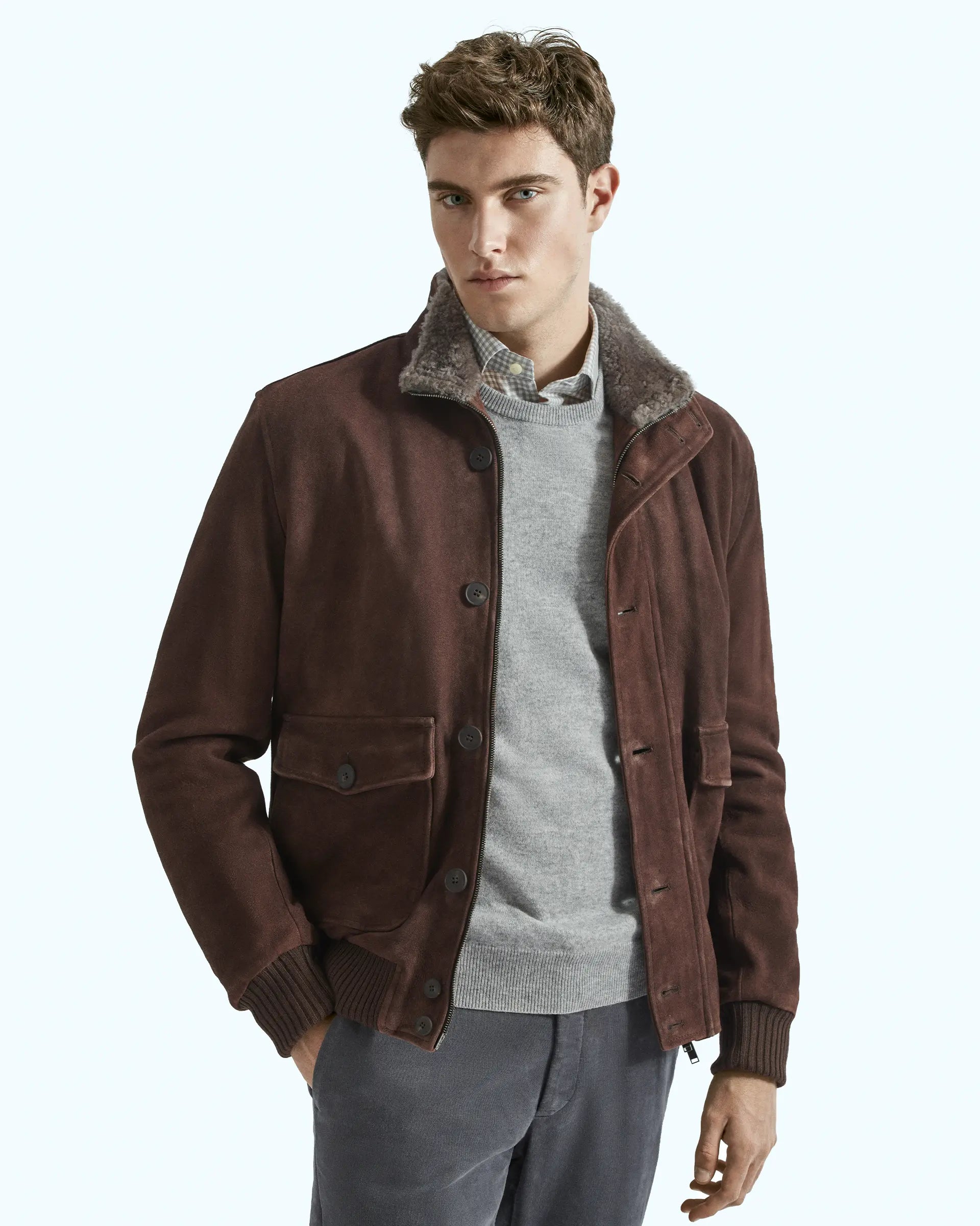 Brown bomber jacket in real suede leather