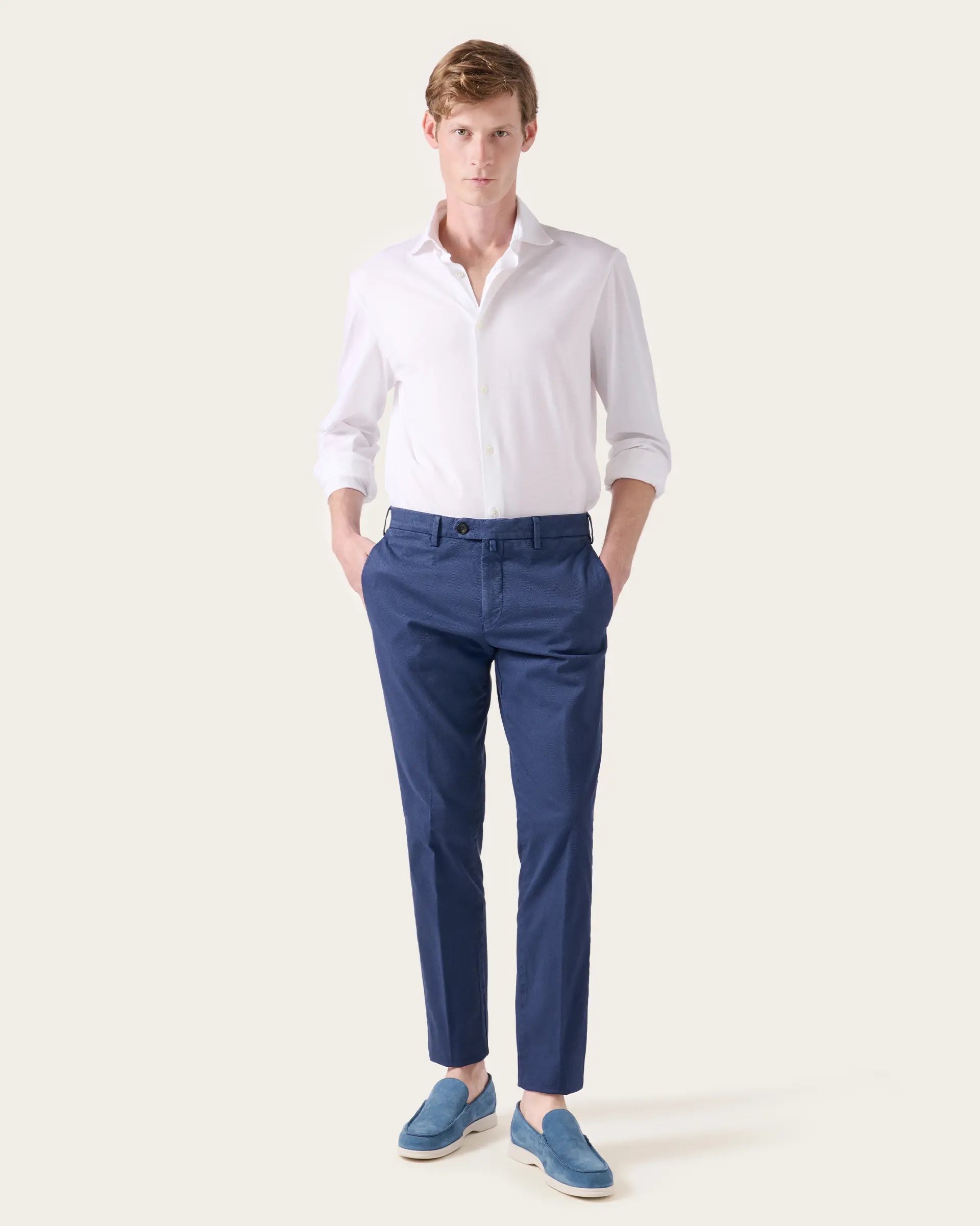 Pantalone blu in cotone reps stretch tinto in capo