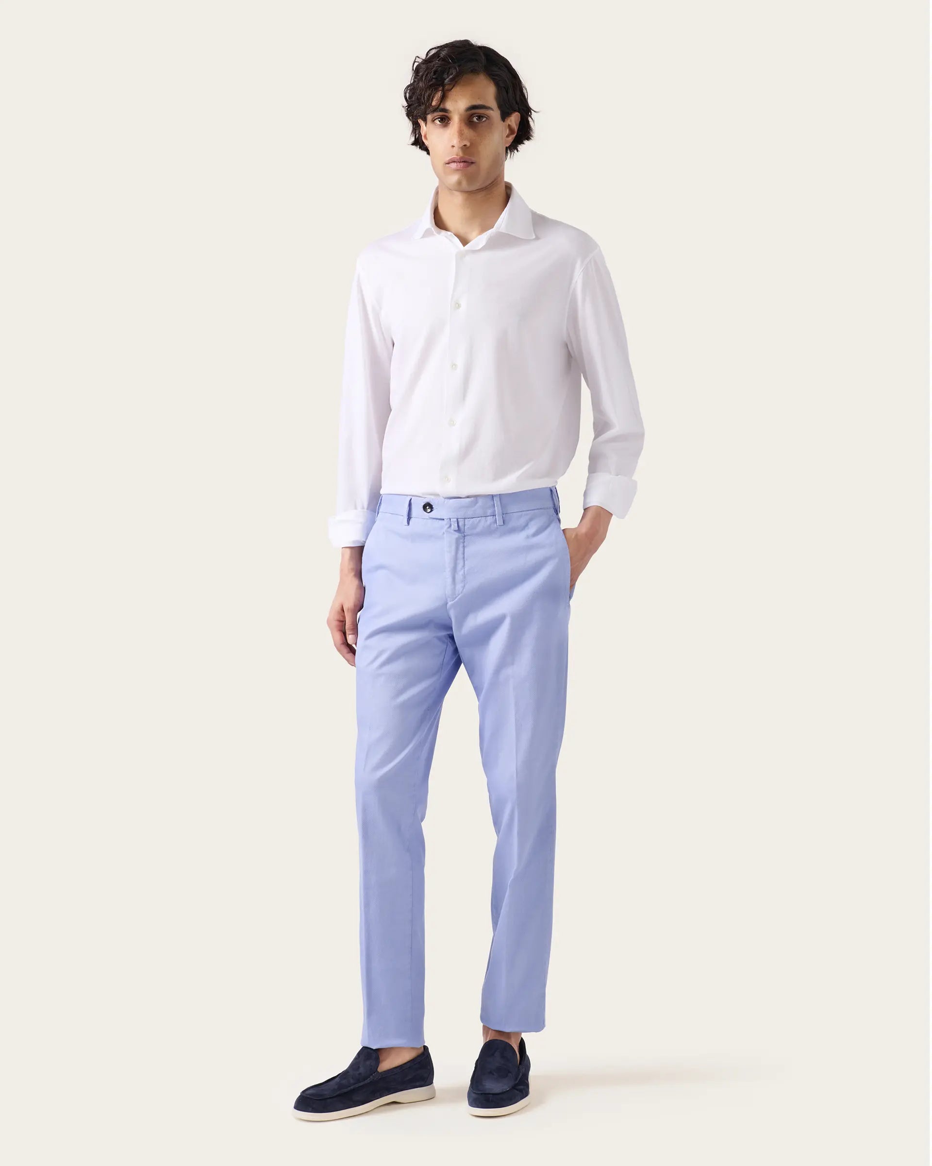 Pantalone celeste in cotone reps stretch tinto in capo