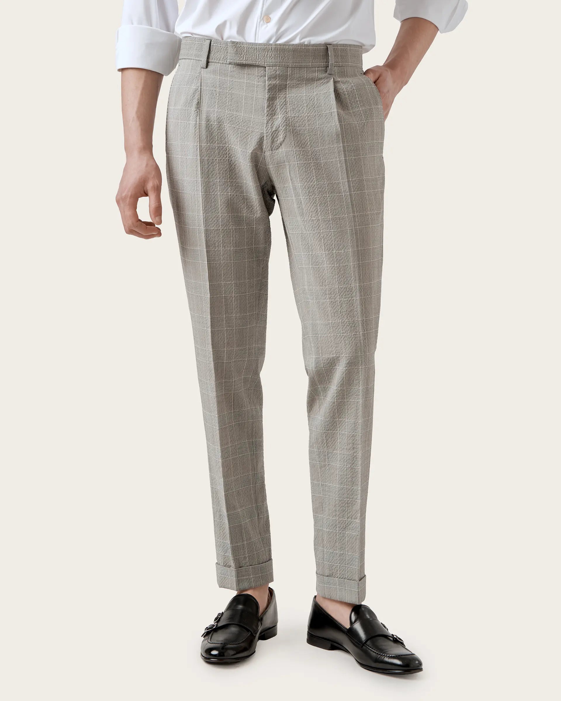 Pantalone Principe di Galles grigio in lana stretch del lanificio Zignone