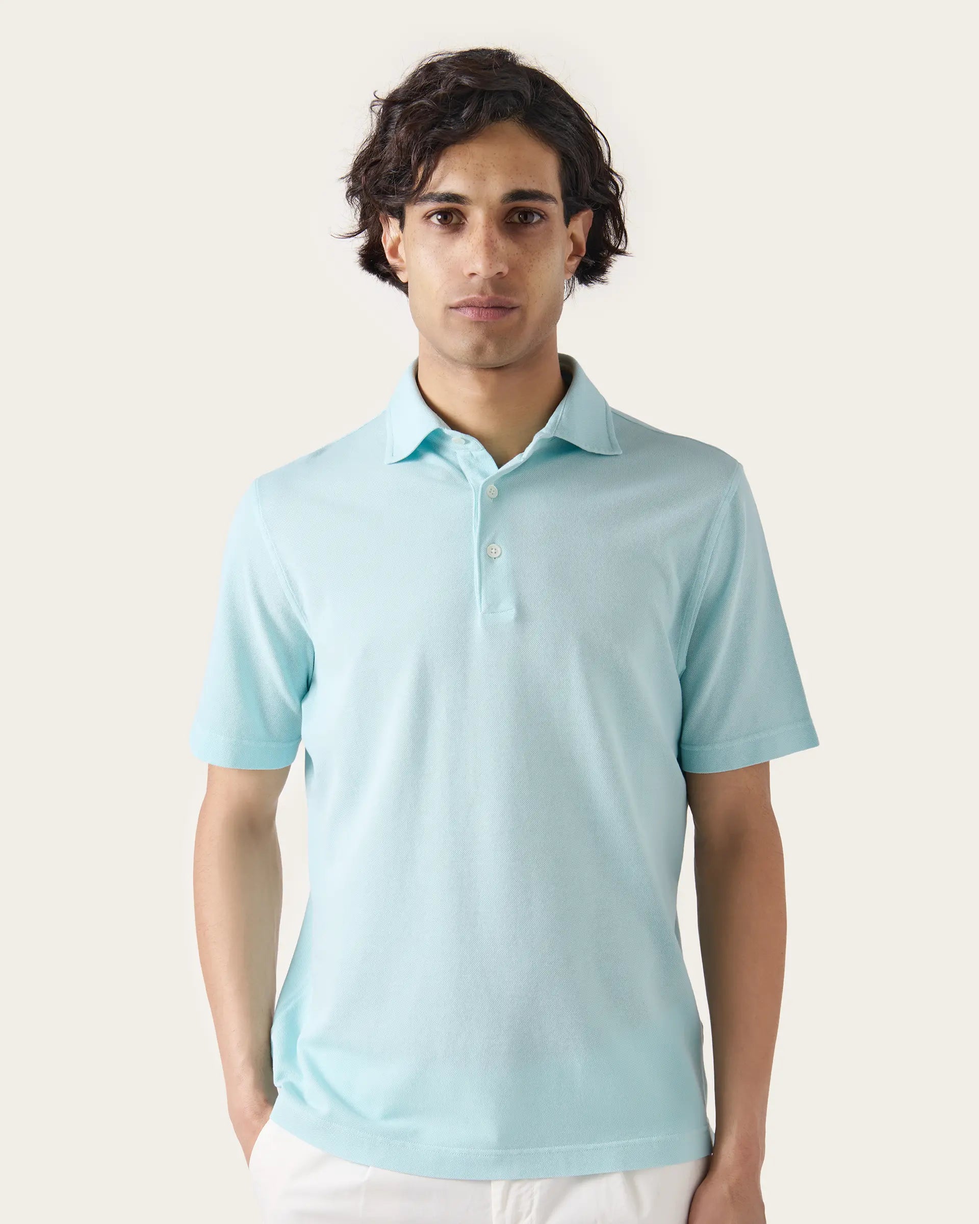 Polo manica corta turchese con bottoni in puro cotone