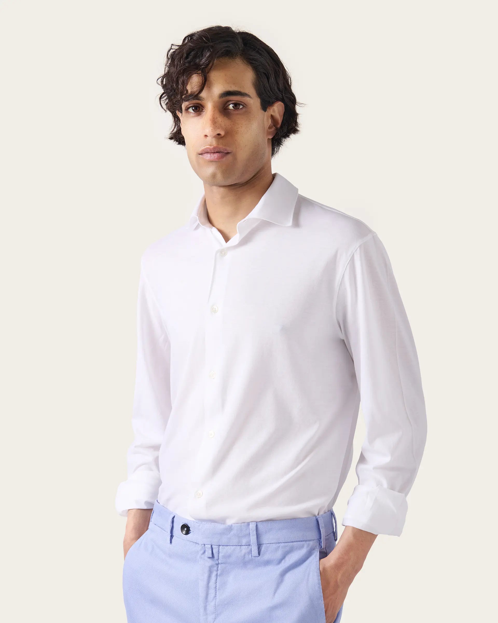 Polo camicia bianca in jersey di puro cotone natural stretch