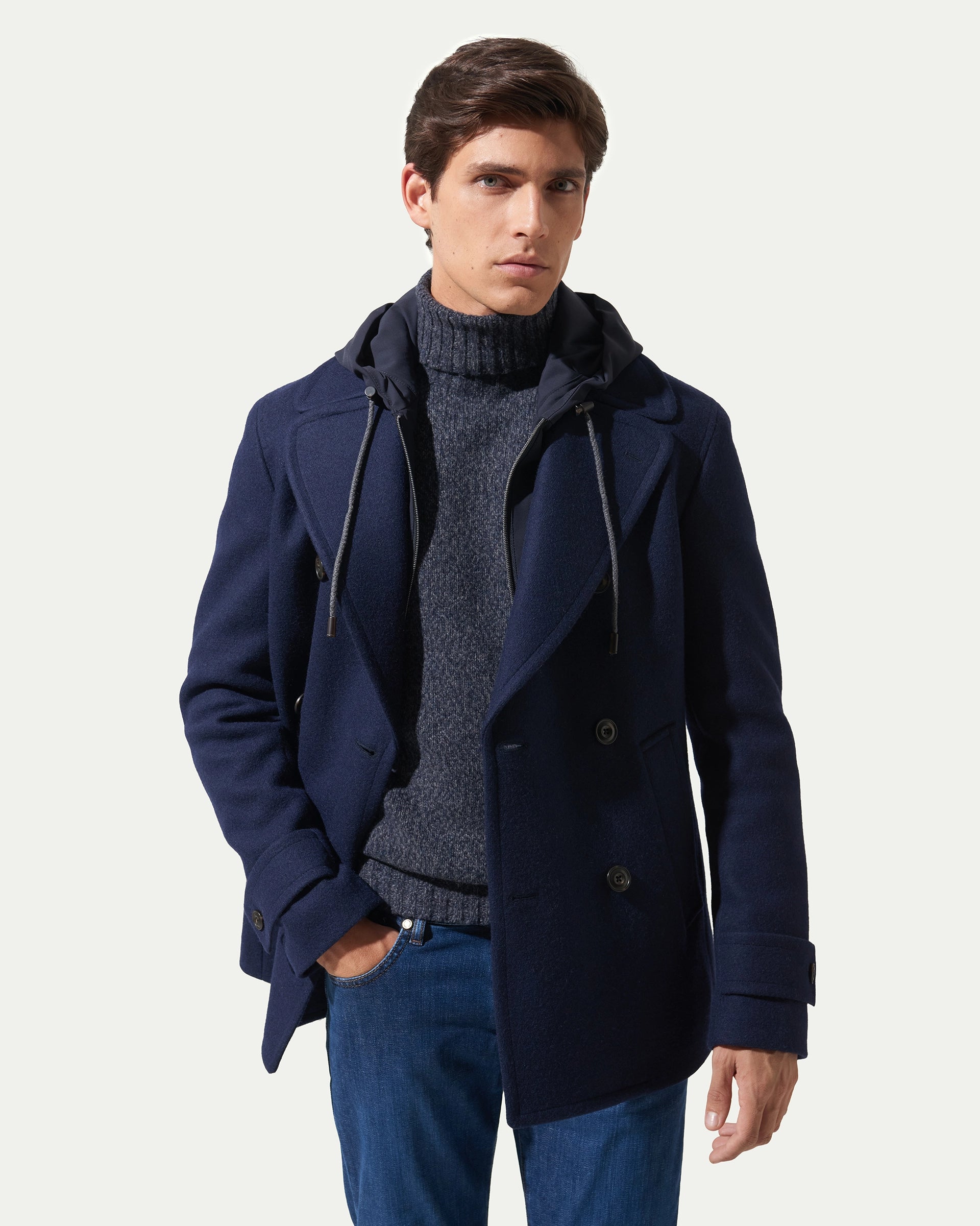 Giaccone Doppiopetto blu in lana stretch con imbottitura removibile