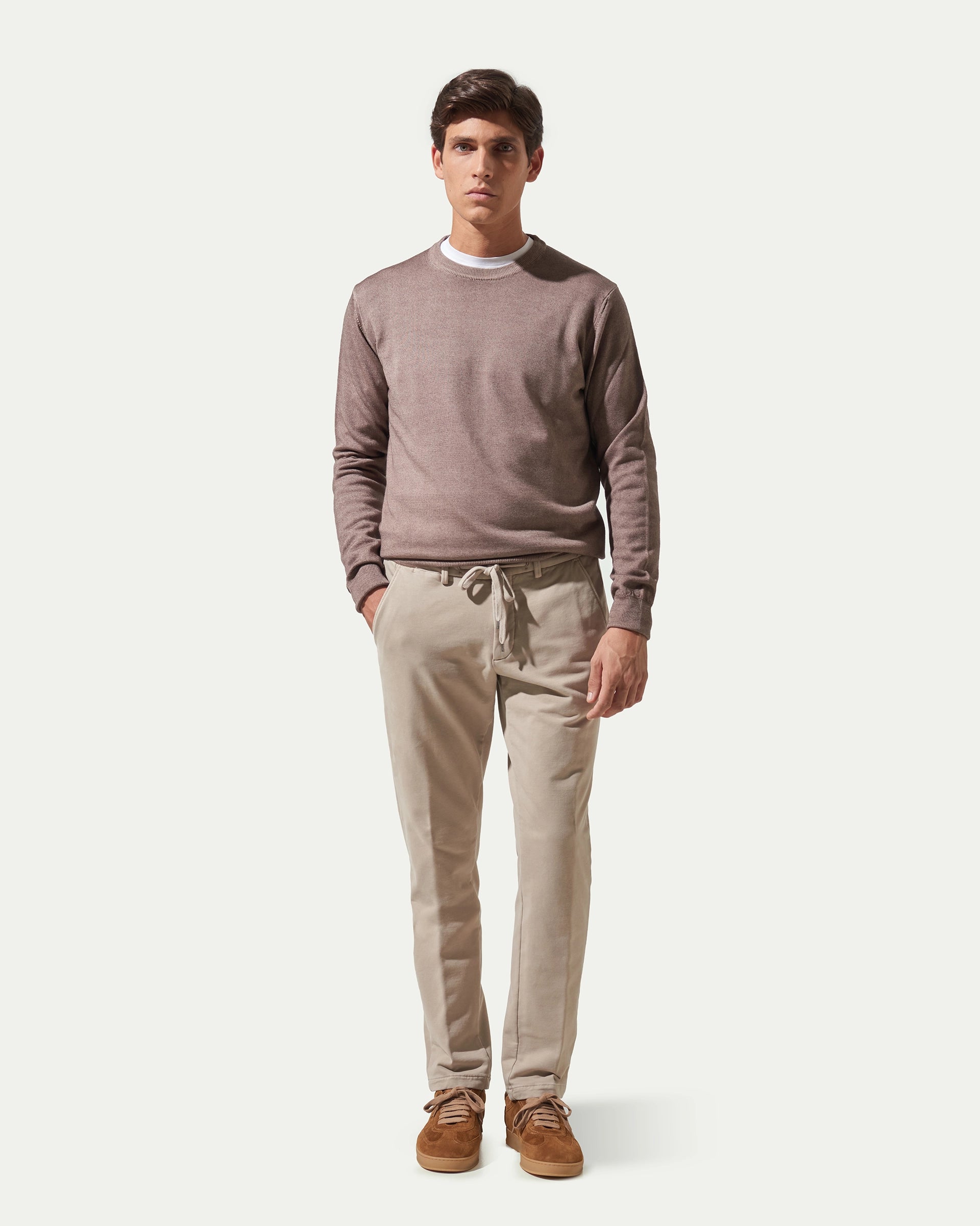 Beige garment-dyed jersey trousers with drawstring and elastic