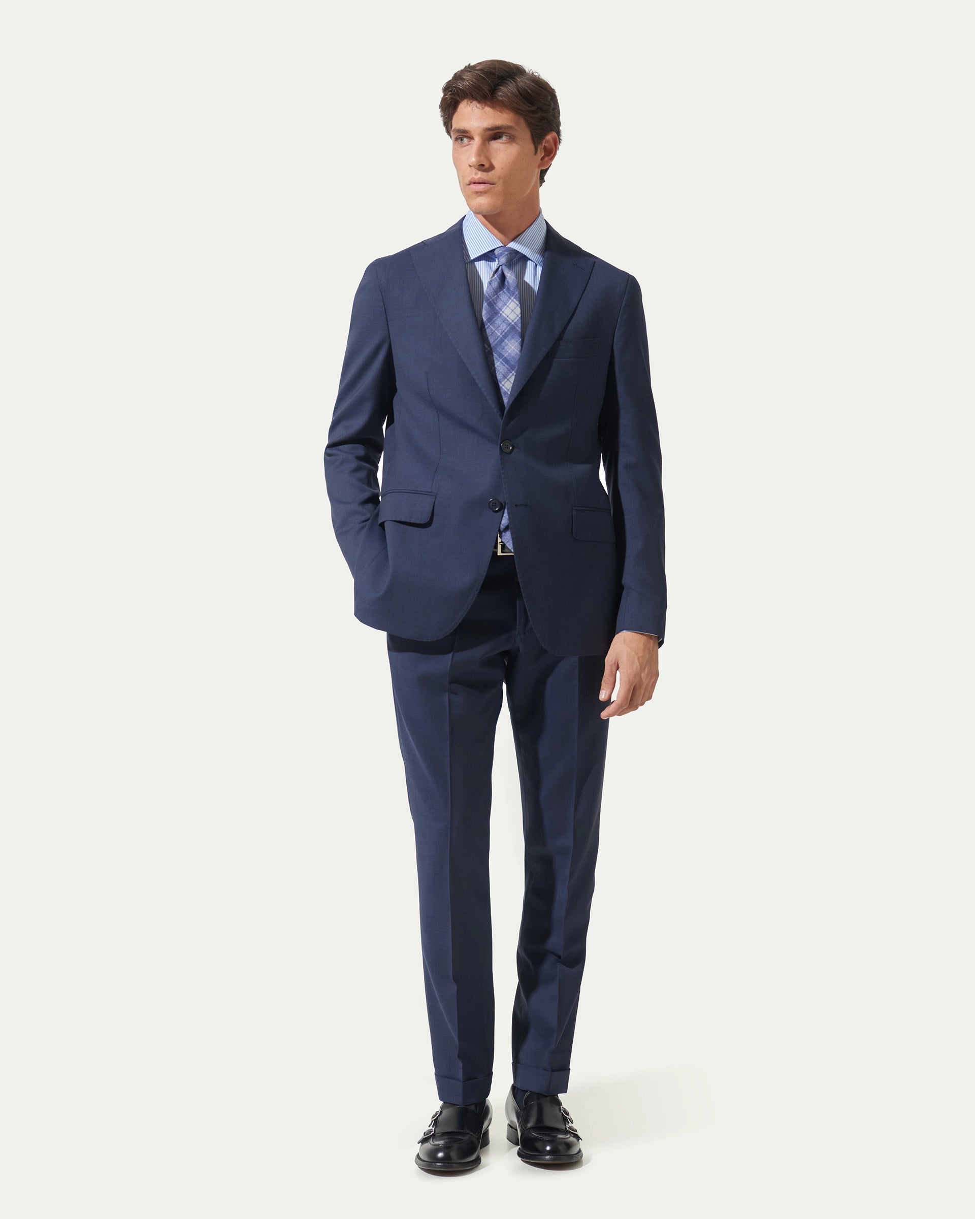 Abito grisaglia blu in lana stretch tessuto Tollegno