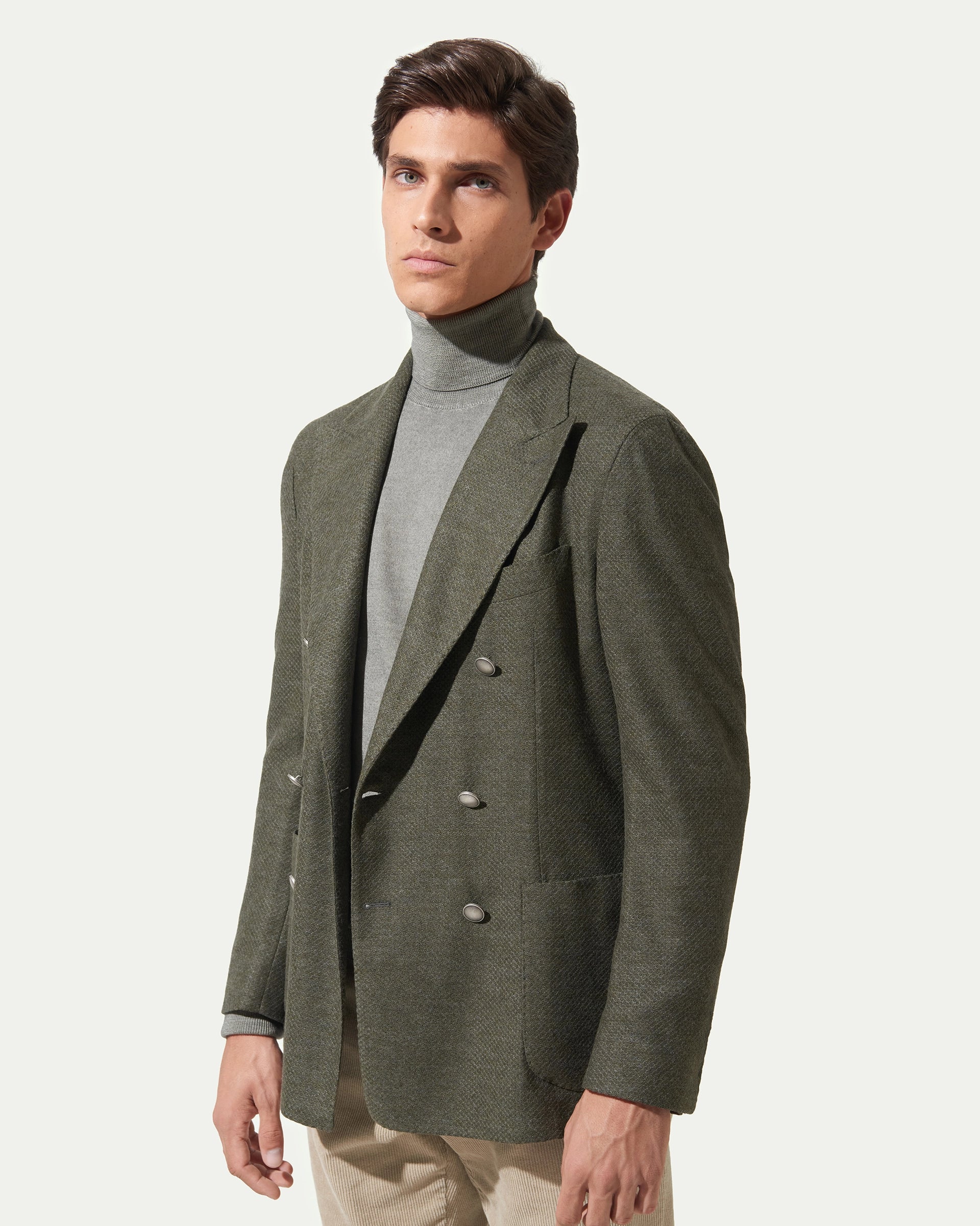 Giacca doppiopetto verde in lana e cotone tessuto Maggia