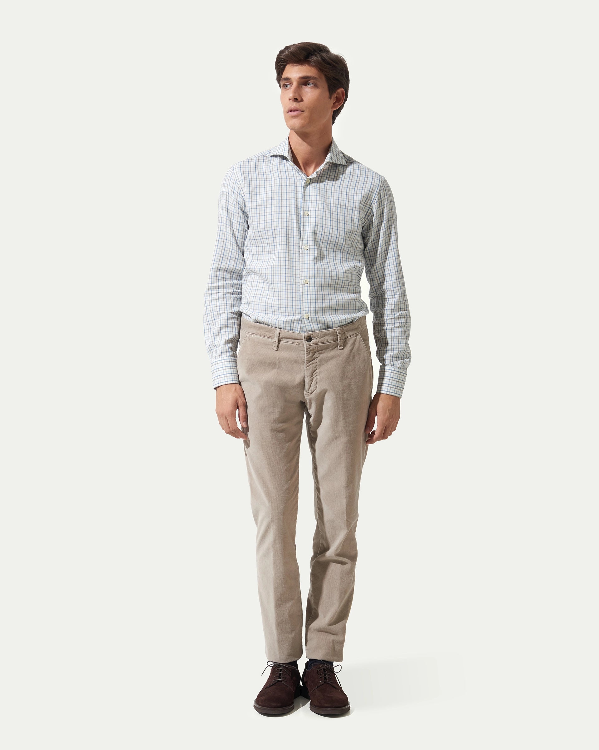 Beige smooth velvet trousers with micro print