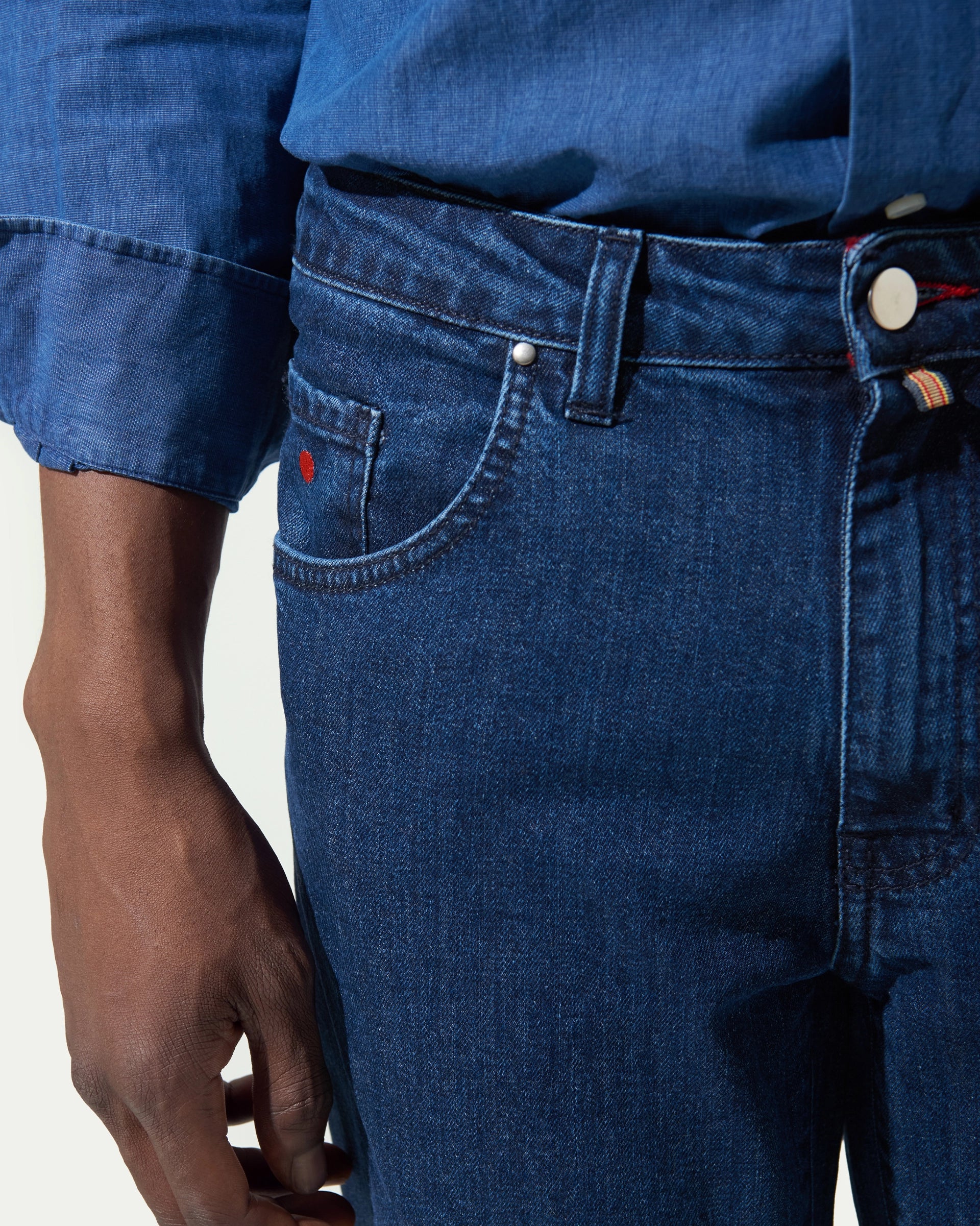 5 pocket dark blue stretch denim trousers