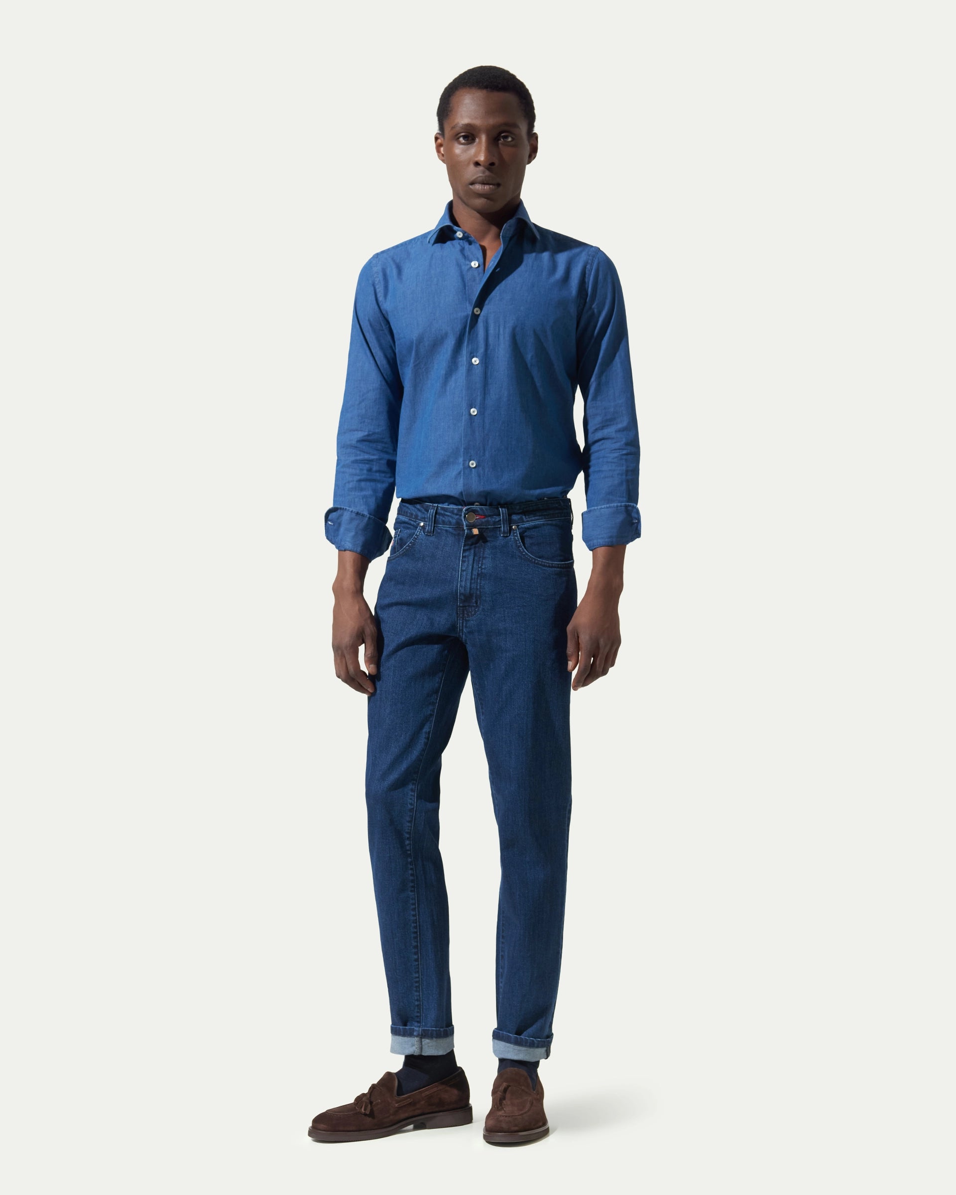 5 pocket dark blue stretch denim trousers