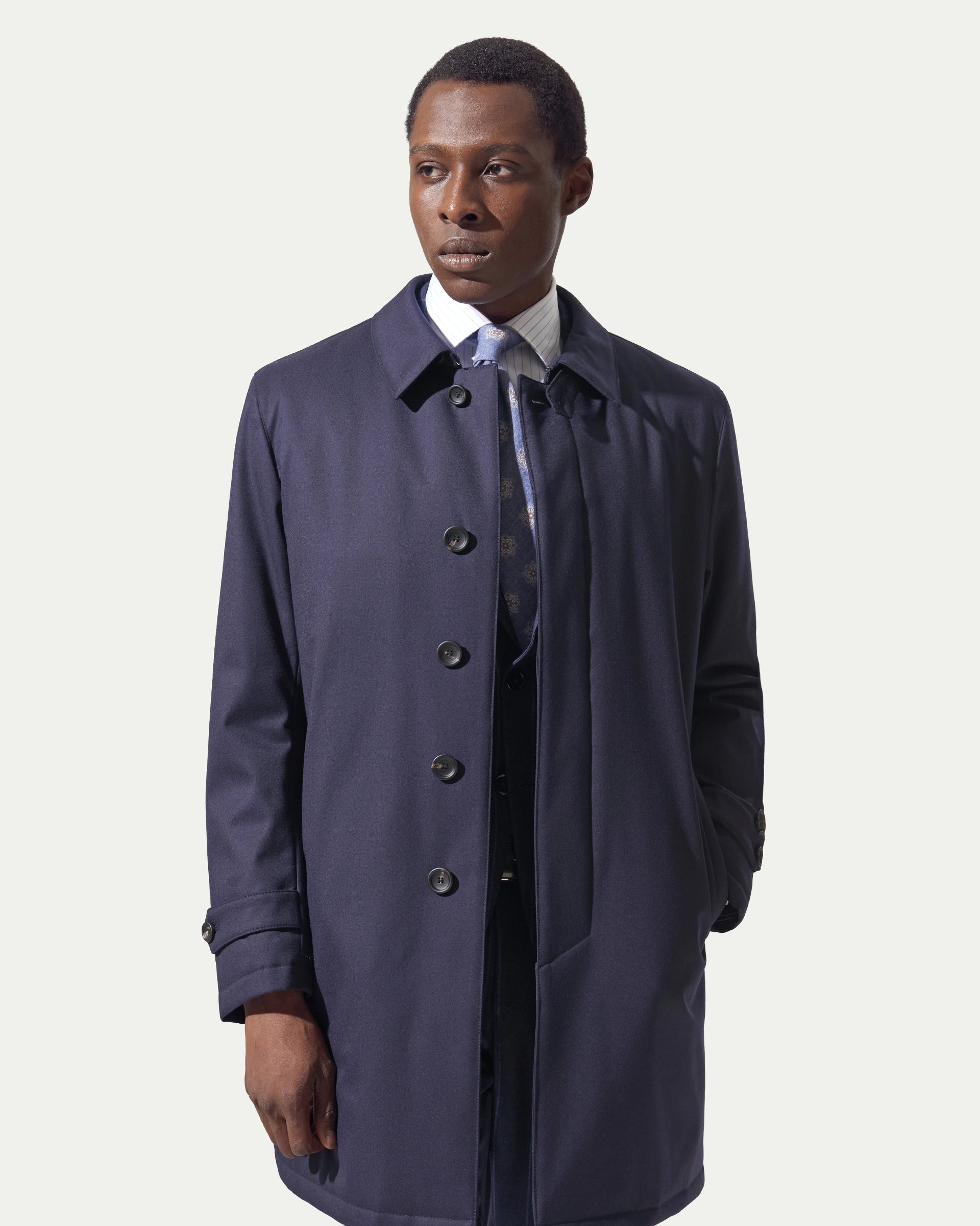 Travel Coat blu sfoderabile in lana stretch tessuto Vitale Barberis & Canonico