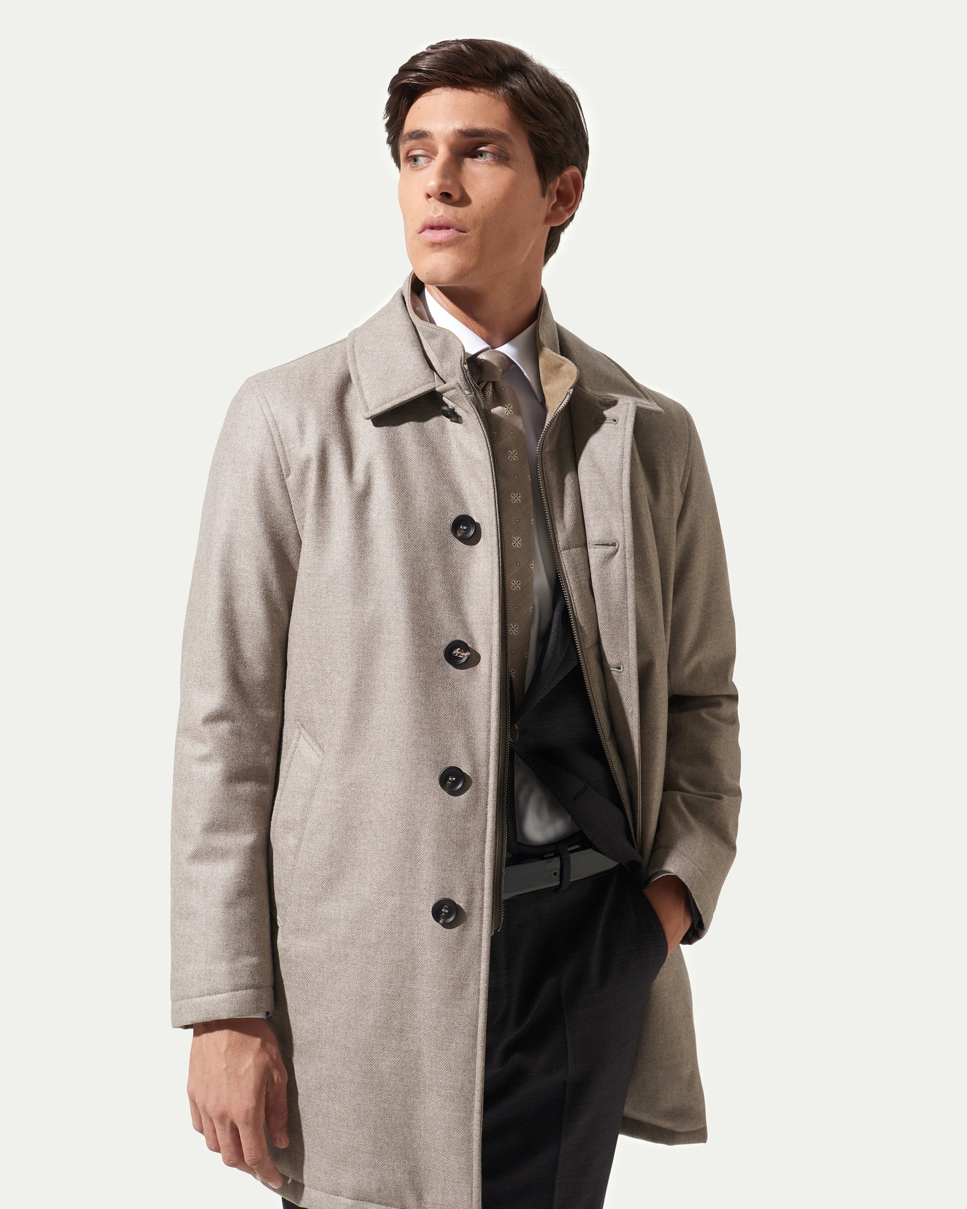 Travel Coat beige sfoderabile in lana waterproof tessuto Loro Piana Green Storm System