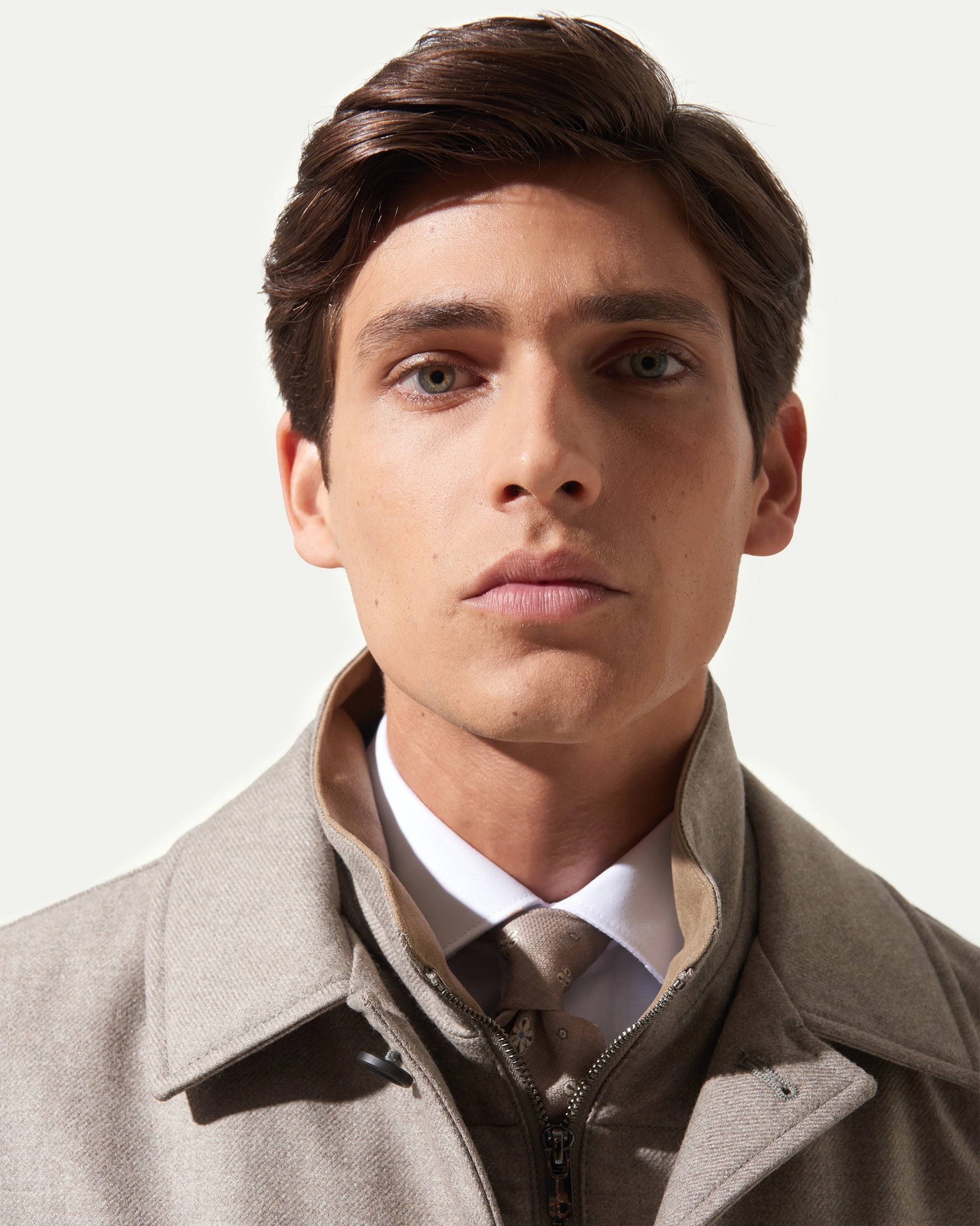 Travel Coat beige sfoderabile in lana waterproof tessuto Loro Piana Green Storm System