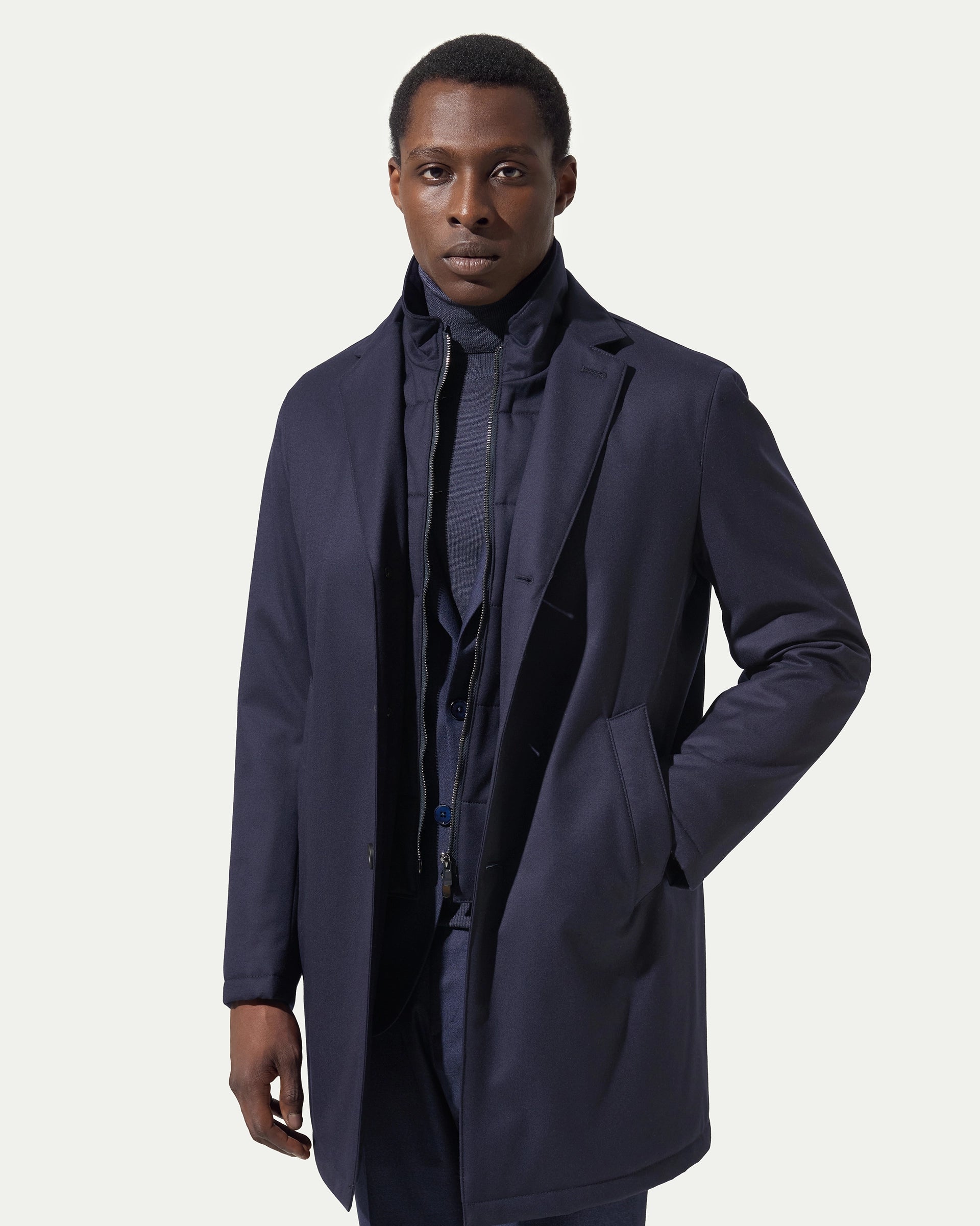Cappotto blu sfoderabile in lana stretch tessuto Vitale Barberis & Canonico
