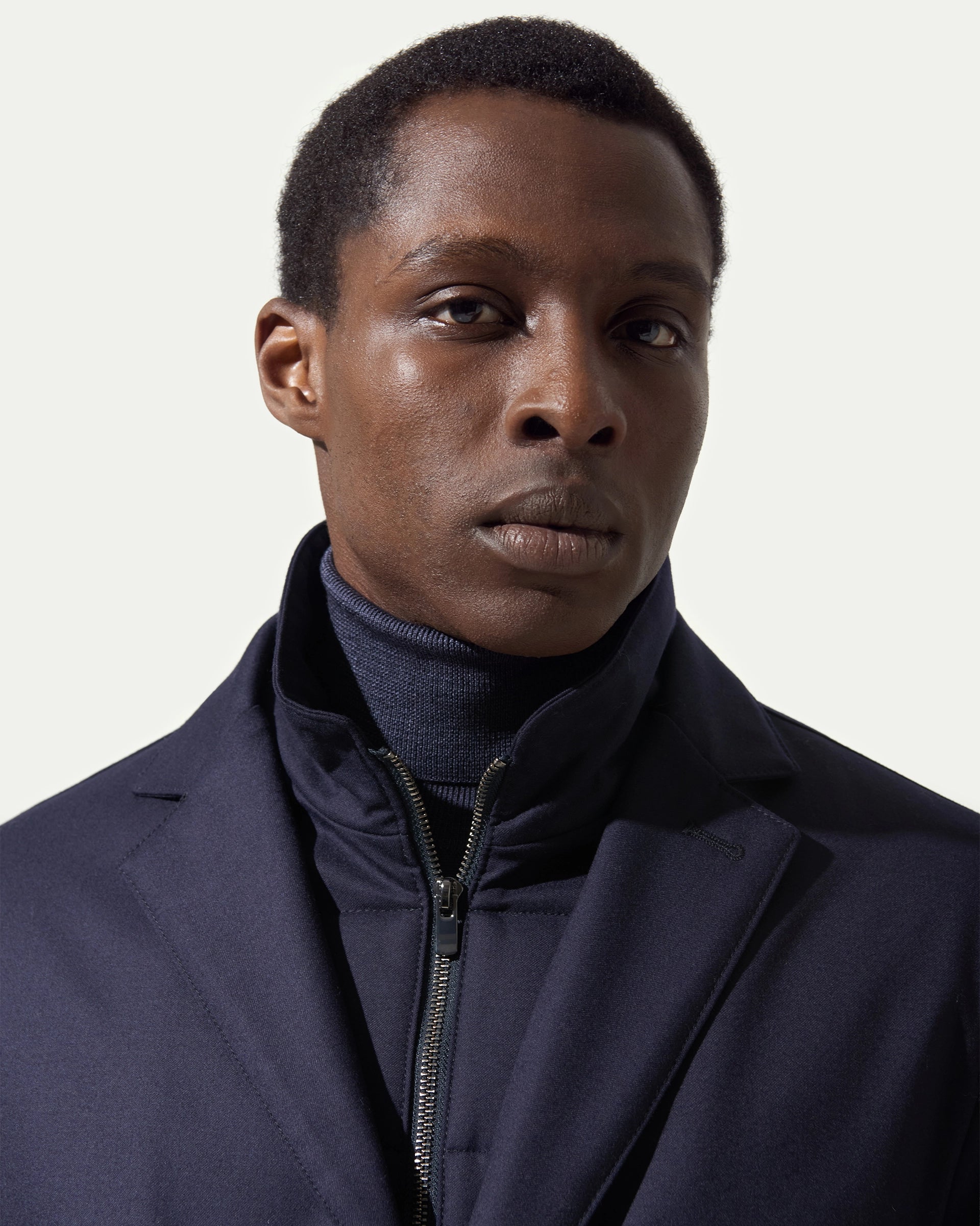 Cappotto blu sfoderabile in lana stretch tessuto Vitale Barberis & Canonico