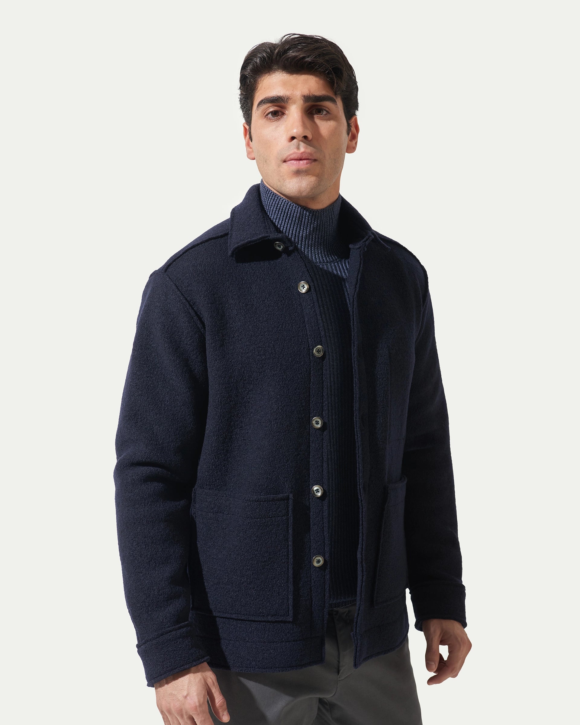 Blue overshirt in pure virgin wool jersey