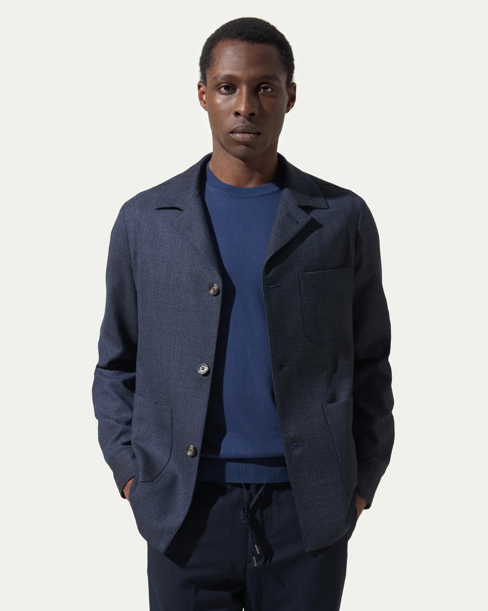 Shirt jacket blu in lana stretch tessuto Reda Flexo