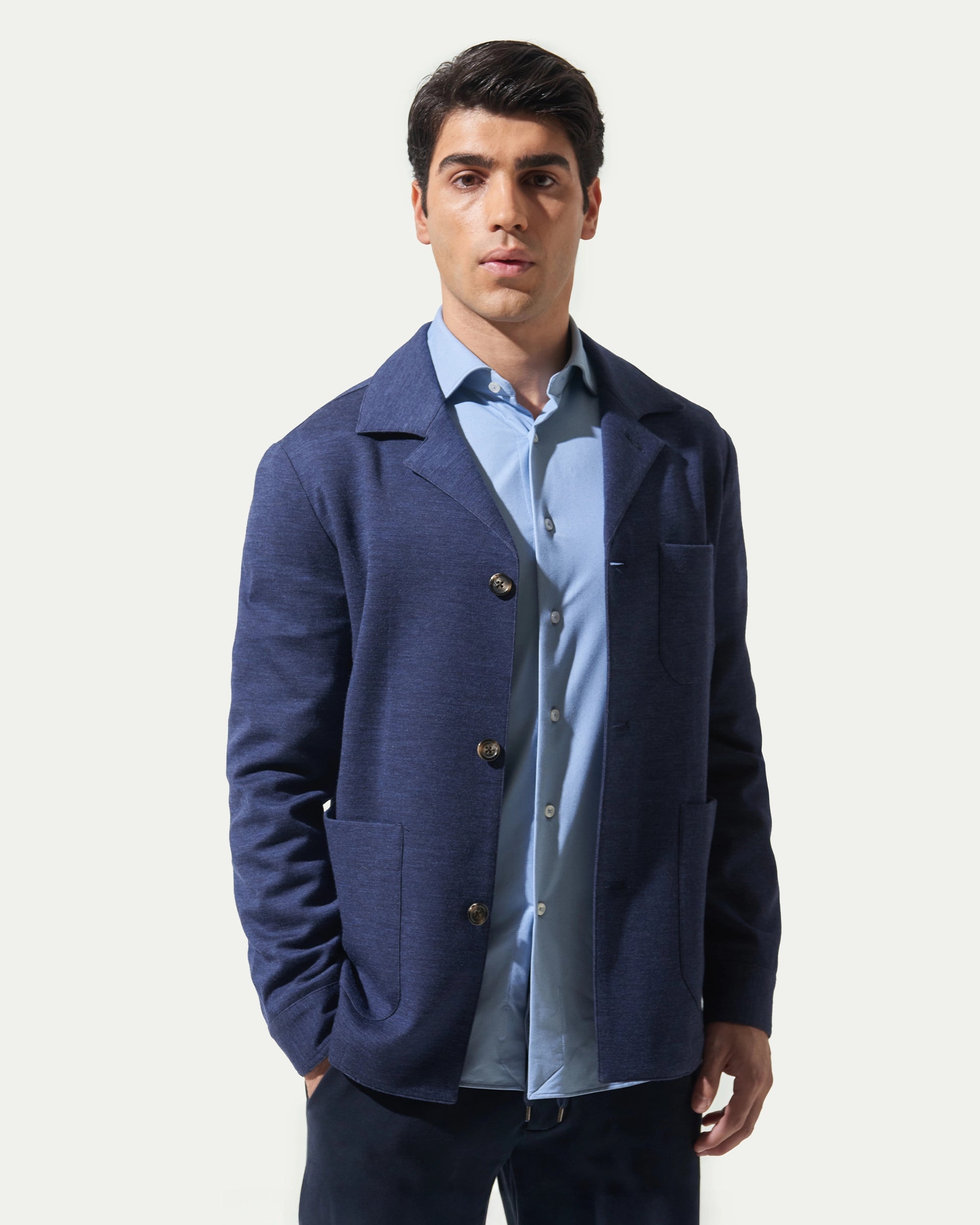 Shirt jacket blu in lana stretch tessuto Loro Piana Jersely