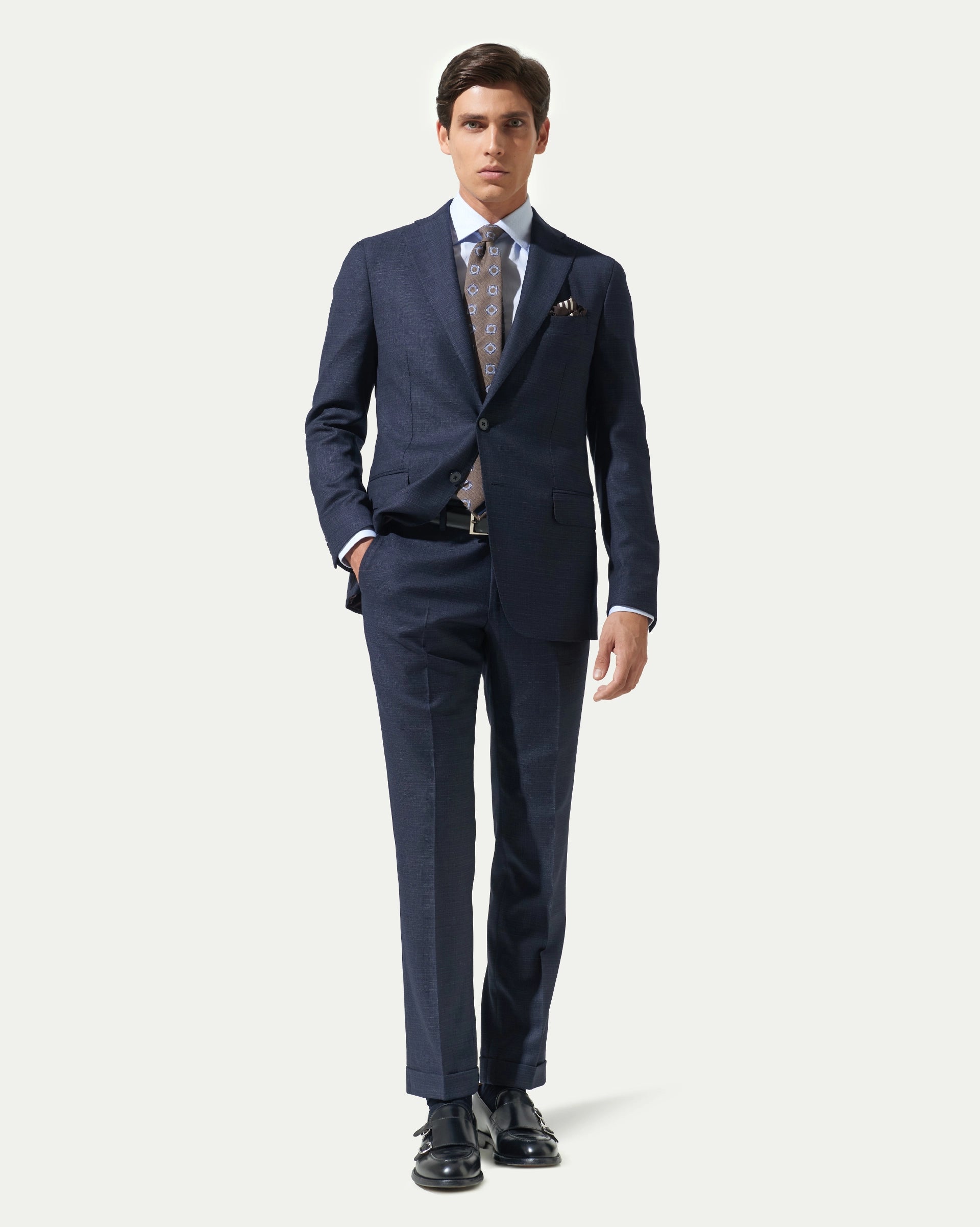 Abito sharkskin blu in lana stretch tessuto Reda Flexo