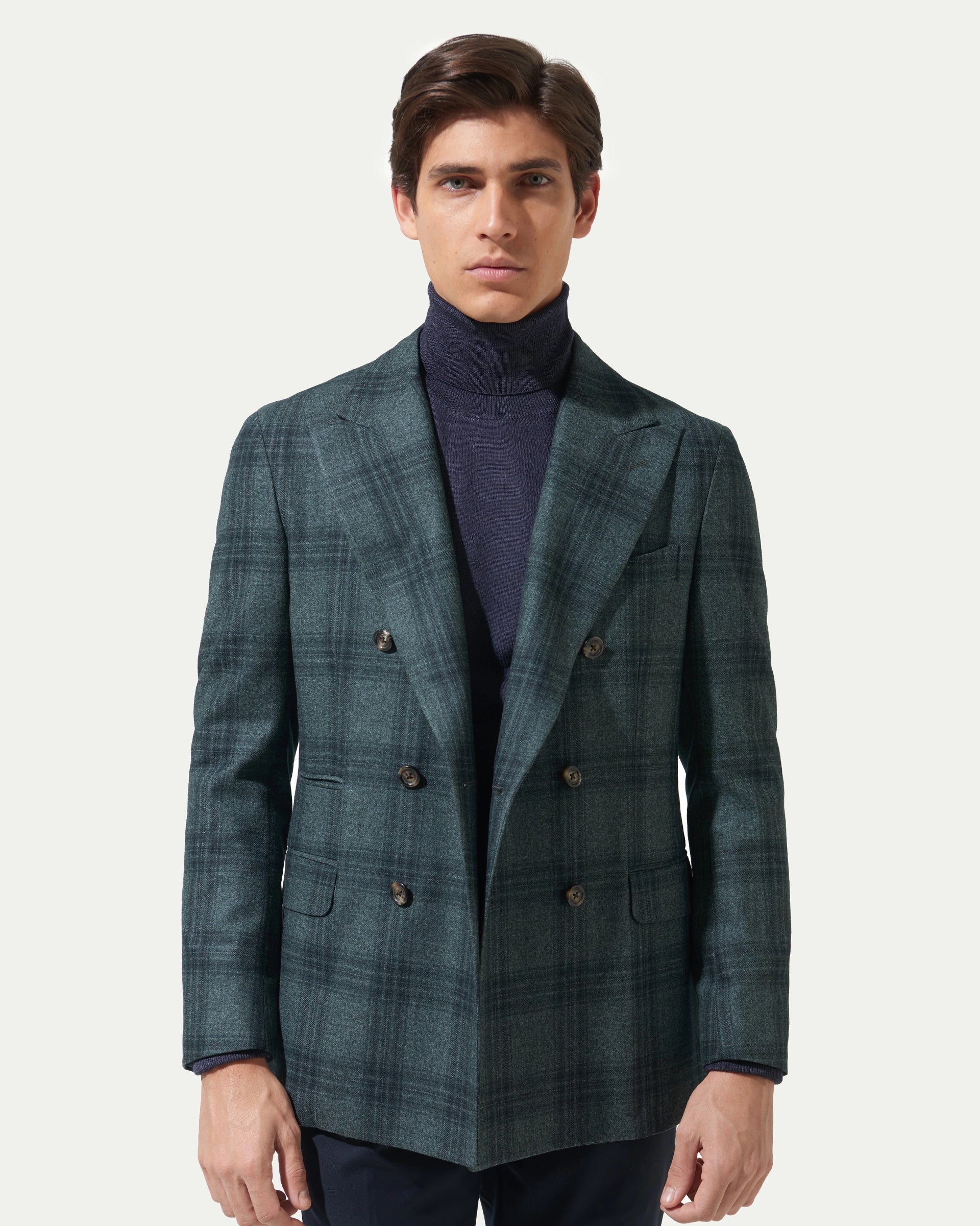 Giacca doppiopetto finestrato verde in misto lana e cashmere tessuto Vitale Barberis & Canonico