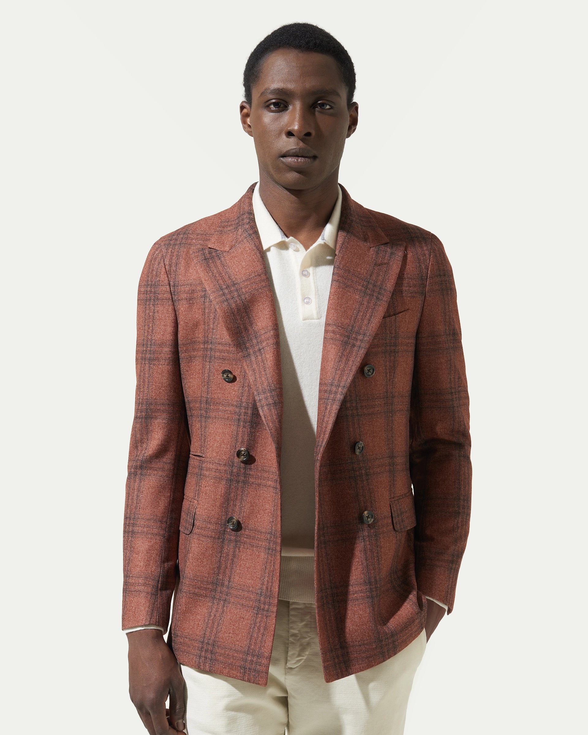 Giacca doppiopetto finestrato arancio in misto lana e cashmere tessuto Vitale Barberis & Canonico