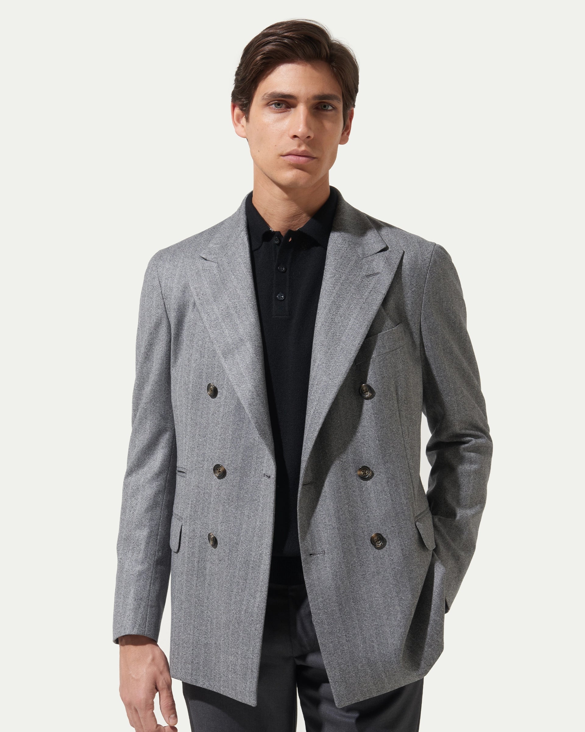 Giacca doppiopetto grigio in misto lana e cashmere tessuto Loro Piana