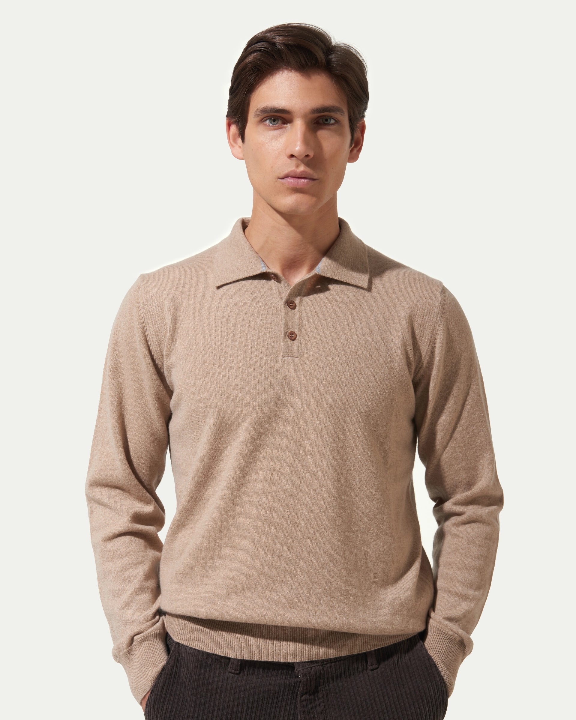 Polo 3 bottoni beige in puro cashmere rasato finezza 12
