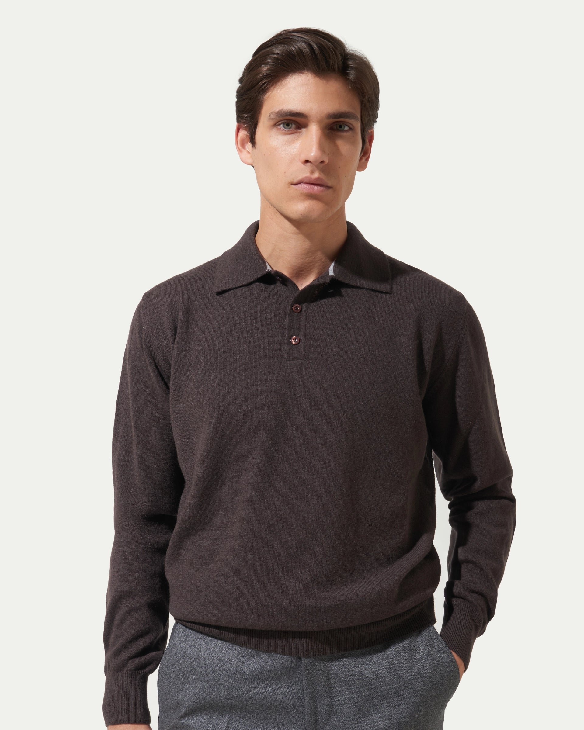 Polo 3 bottoni marrone in puro cashmere rasato finezza 12