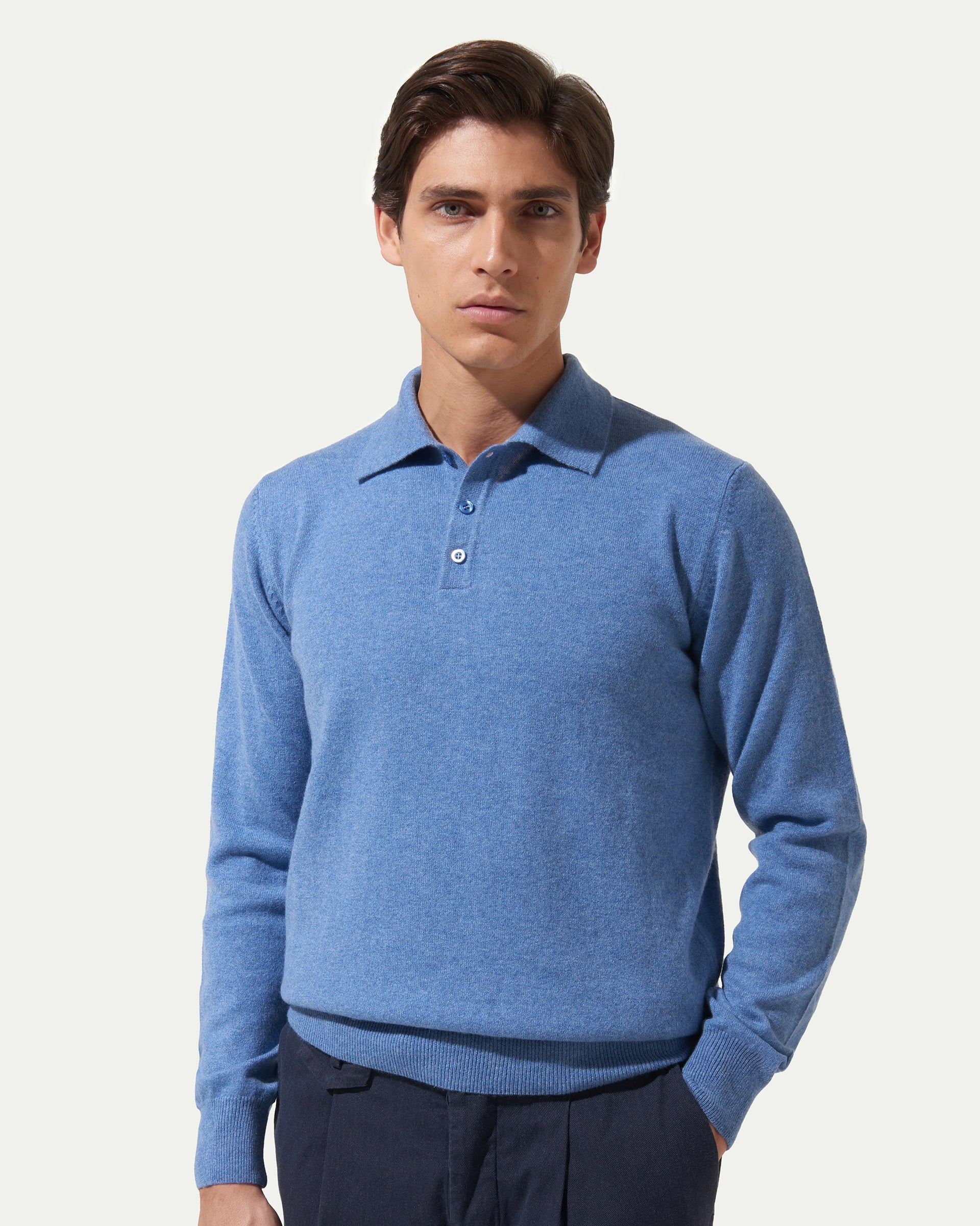 Polo 3 bottoni celeste in puro cashmere rasato finezza 12