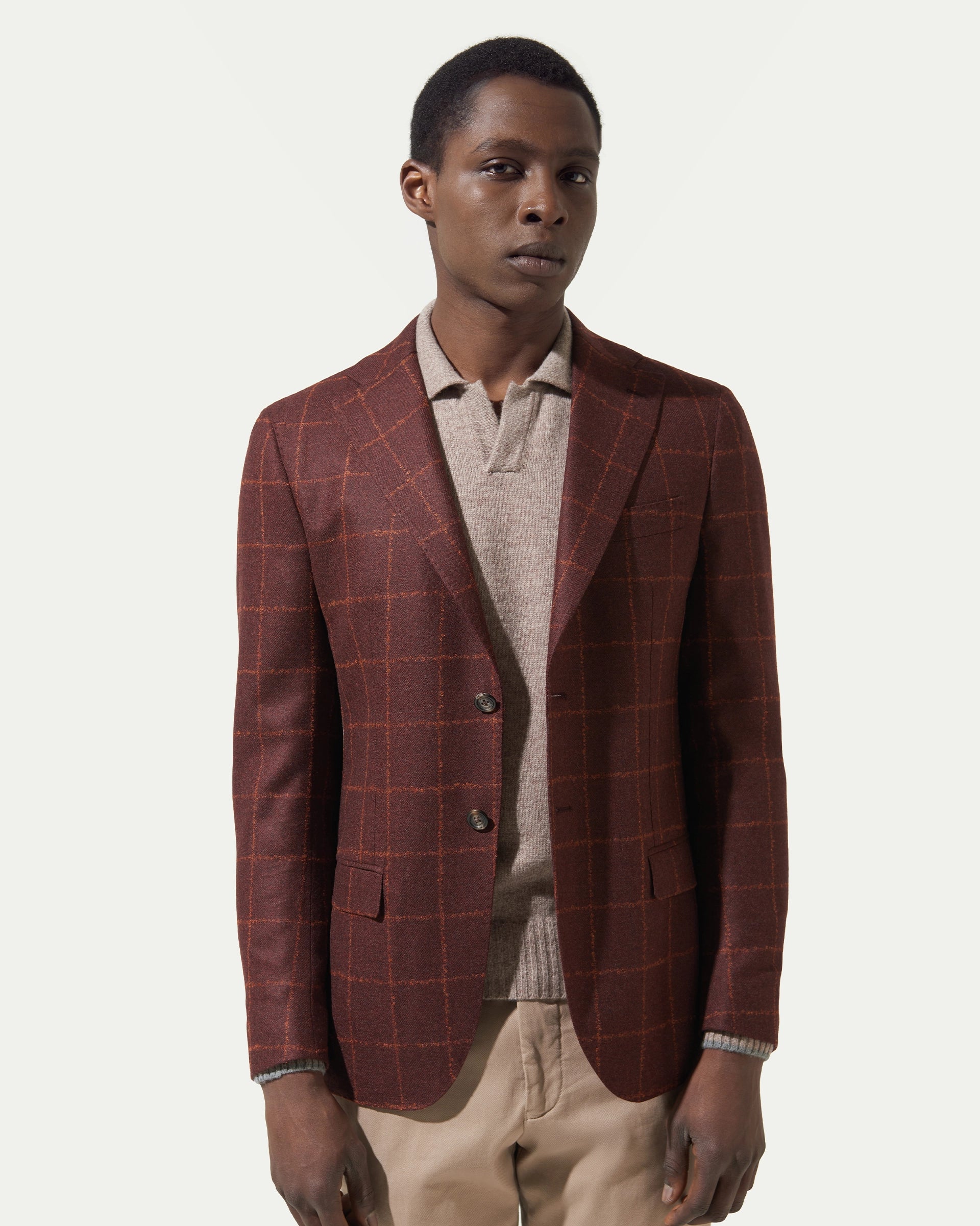 Giacca fantasia quadri ruggine in lana e cashmere tessuto Loro Piana