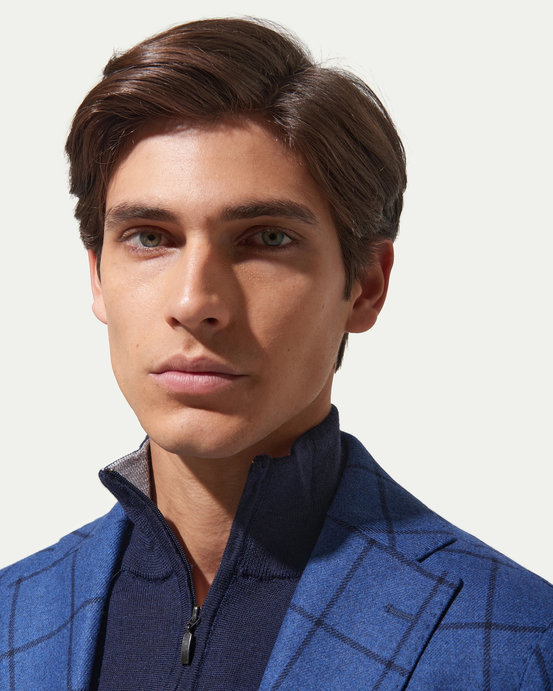 Giacca fantasia quadri azzurra in lana e cashmere tessuto  Loro Piana