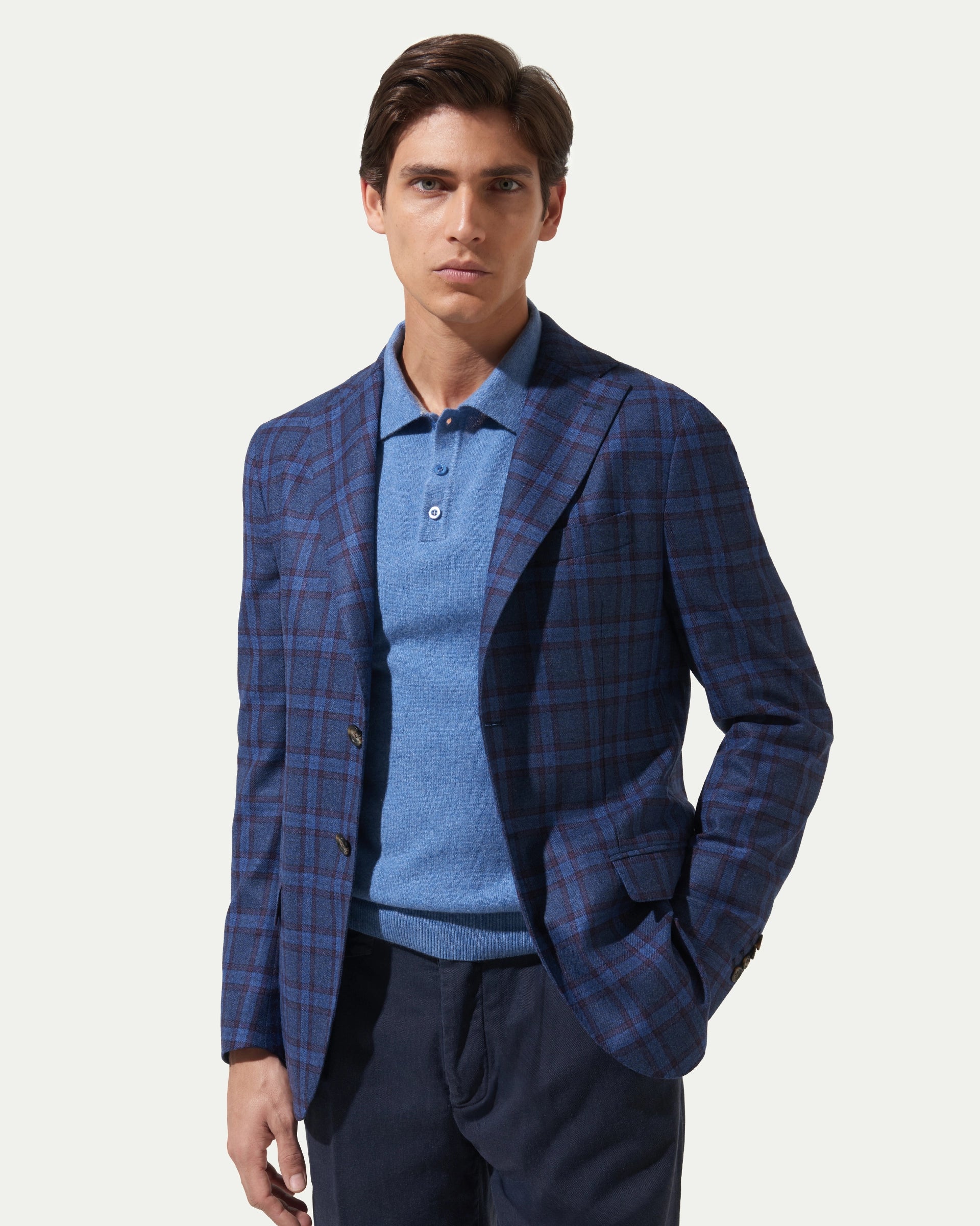 Giacca finestrata blu in lana e cashmere tessuto Loro Piana